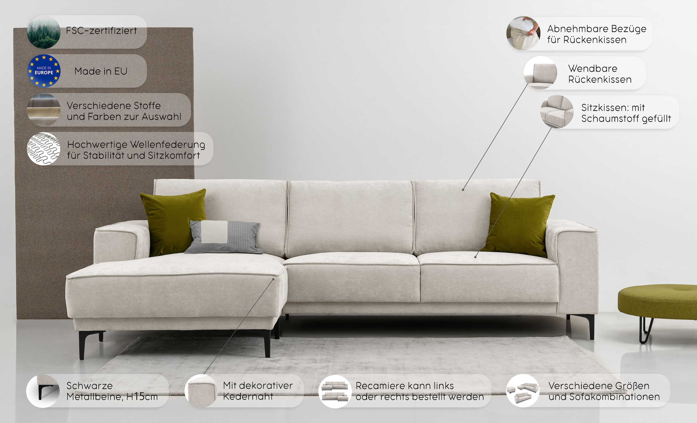 Places of Style Ecksofa »Oland«, 280 cm, im zeitlosem Design und hochwertiger Verabeitung