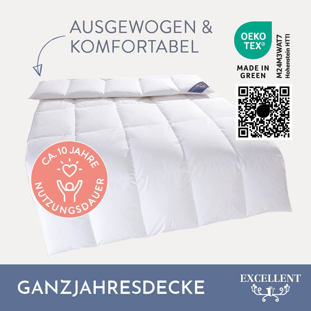 Excellent Gänsedaunenbettdecke »Davos, Bettdecken für Sommer und Winter, Decke«, normal, Füllung 100% Gänsedaunen, Bezug 100% Baumwolle, (1 St.), Bettdecke 135x200 cm, 155x220cm und weitere Grössen, Made in Germany