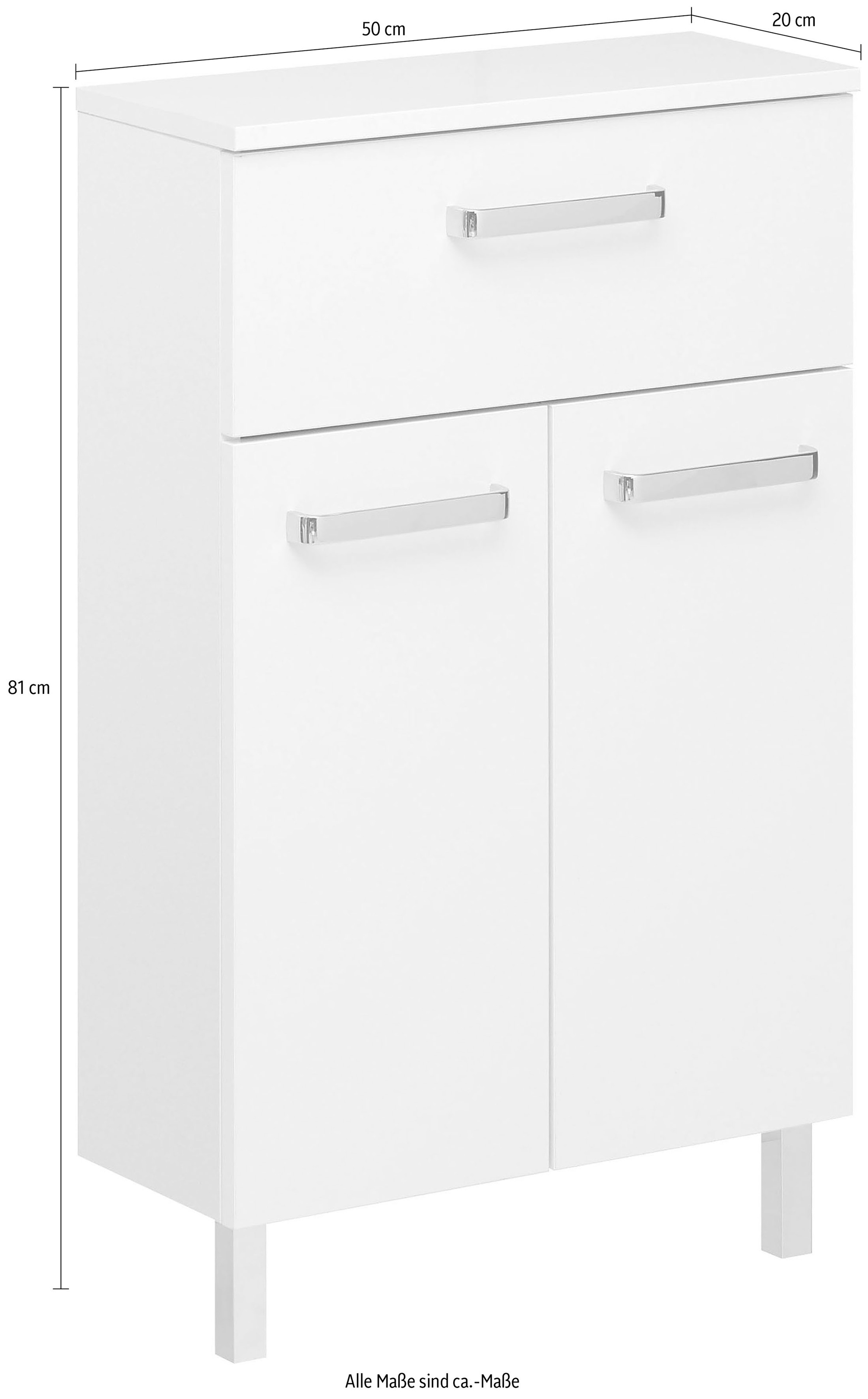 Saphir Unterschrank "Quickset Badschrank mit 2 Türen, 1 Schublade, 50 cm breit" Badezimmer-Unterschrank inkl. Türdämpfer, Griffe in Chrom Glanz