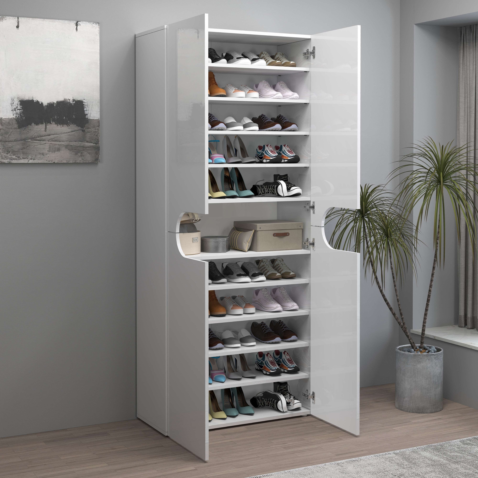 INOSIGN Schuhschrank »Real,Schuhschrank,Schuhkommode,Schuhregal,Breite 80 cm,Höhe 190 cm«, komplett Hochglanz lackiert, 4 Türen mit offenem Fach in ovaler Form
