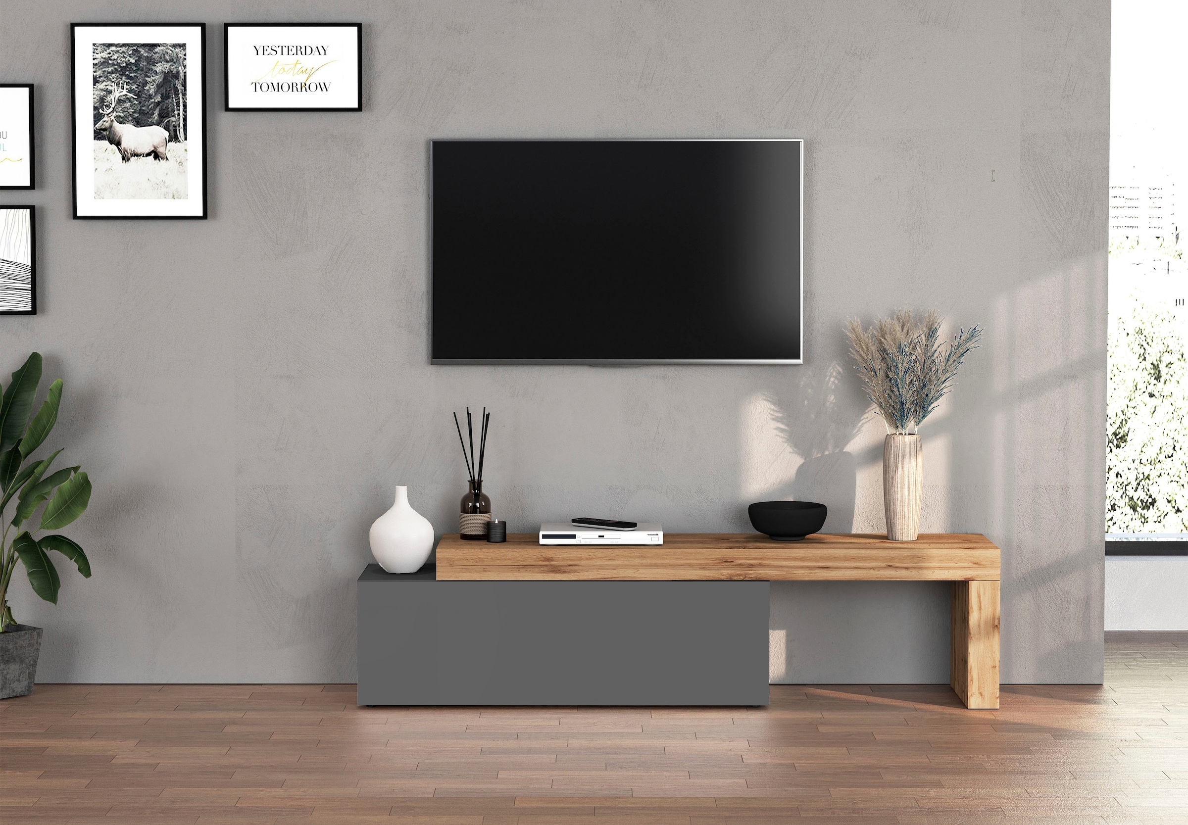 INOSIGN Lowboard »Chronos TV-Board, T-Schrank«, (1 St., Breite verstellbar von 180 bis 290 cm), Breite 240 cm TV-Board,Lowboard,1 Klappe und ein L-Förmiger Aufsatz