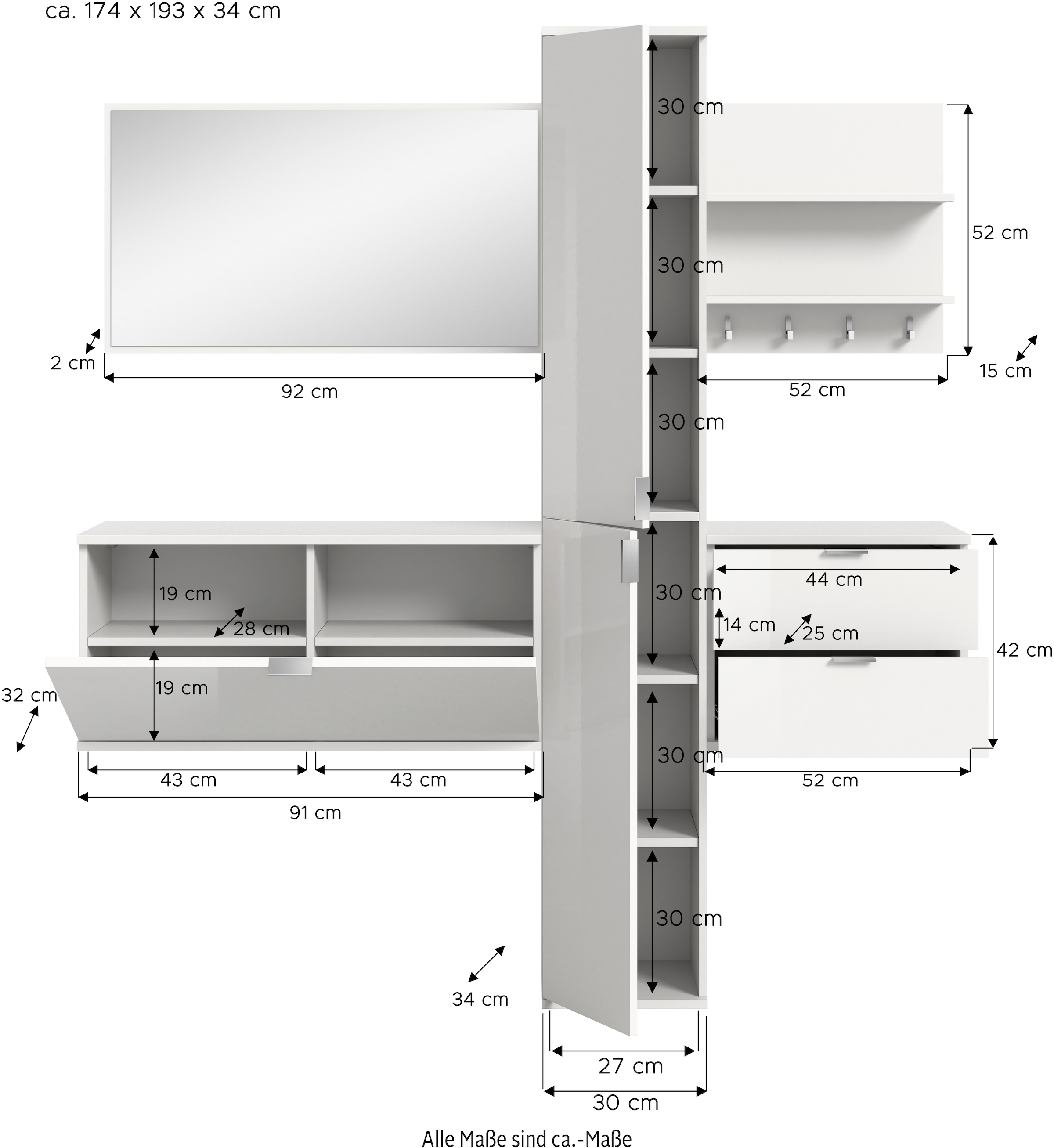 INOSIGN Garderoben-Set »Trondheim Garderobenset 5-tlg., Breite 174 cm«, (5 St.), hochglanz, best. aus: Spiegel, Paneel, Schrank, Kommoden, Flur, Diele