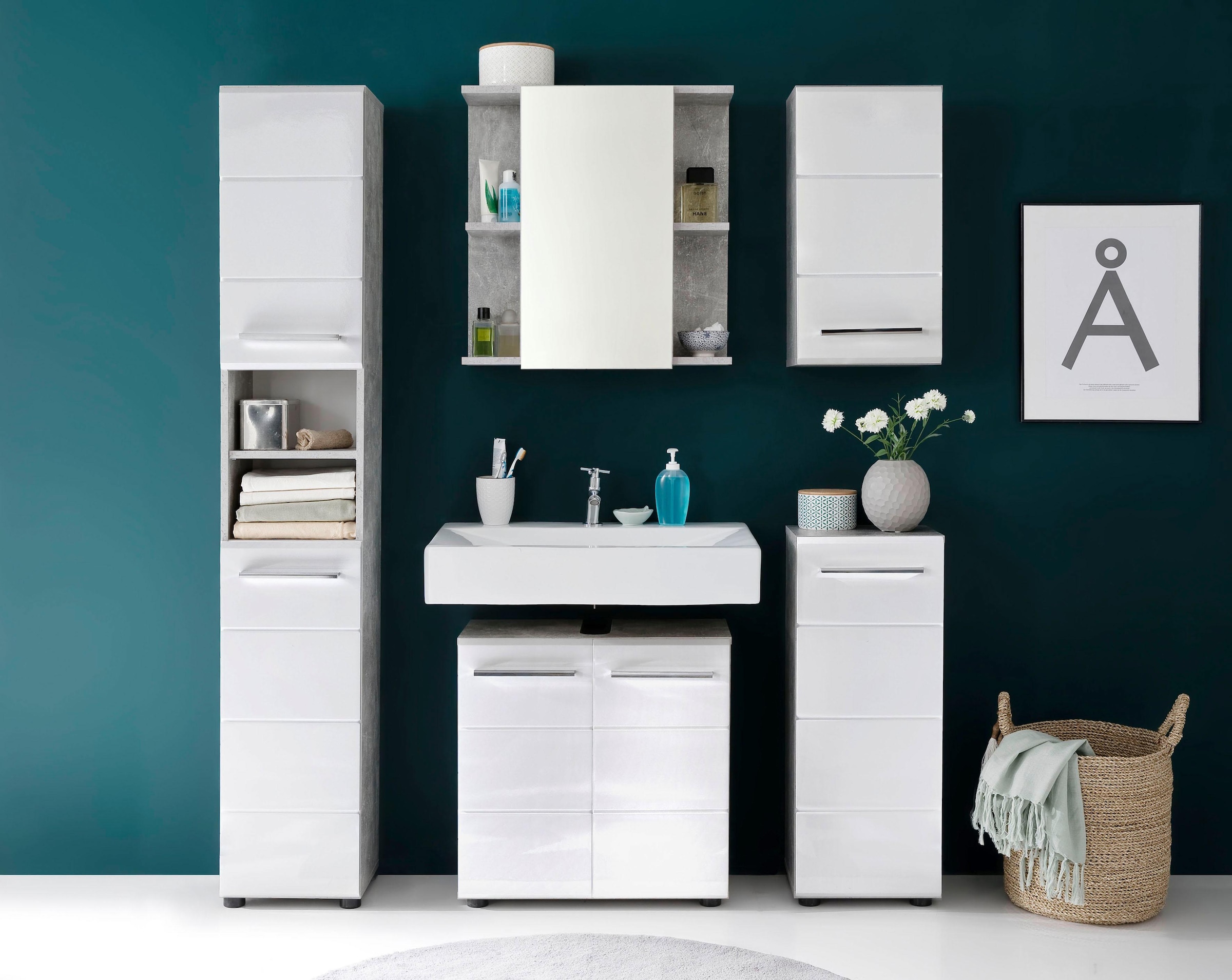 trendteam Spiegelschrank »Nano«, Badspiegel in Grau/Weiss mit 4 offenen Fächern - (B/T/H) 60/20/62 cm