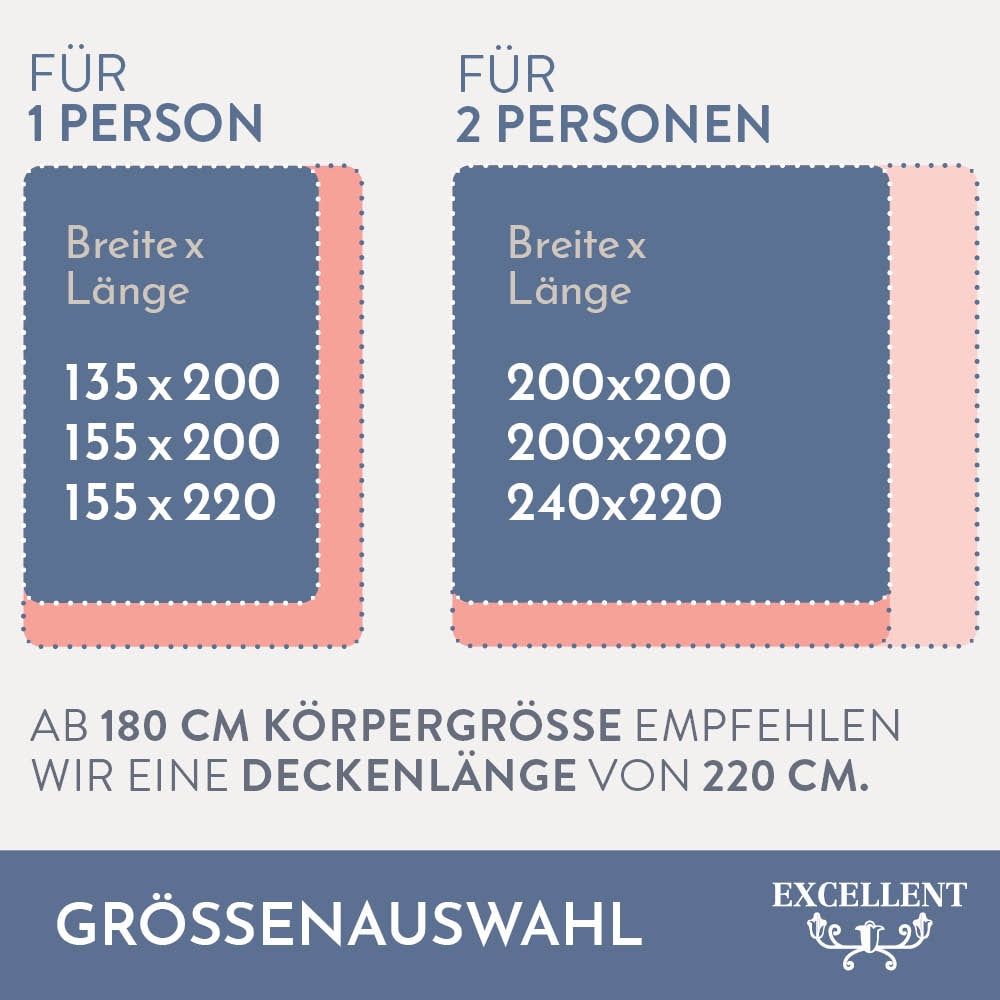 Excellent Daunenbettdecke »Wien, Bettdecken für Sommer und Winter, Decke«, polarwarm, Füllung 90% Daunen, 10% Federn, Bezug 100% Baumwolle, (1 St.), Bettdecke 135x200 cm, made in Germany, allergiker geeignet (Hausstaub)