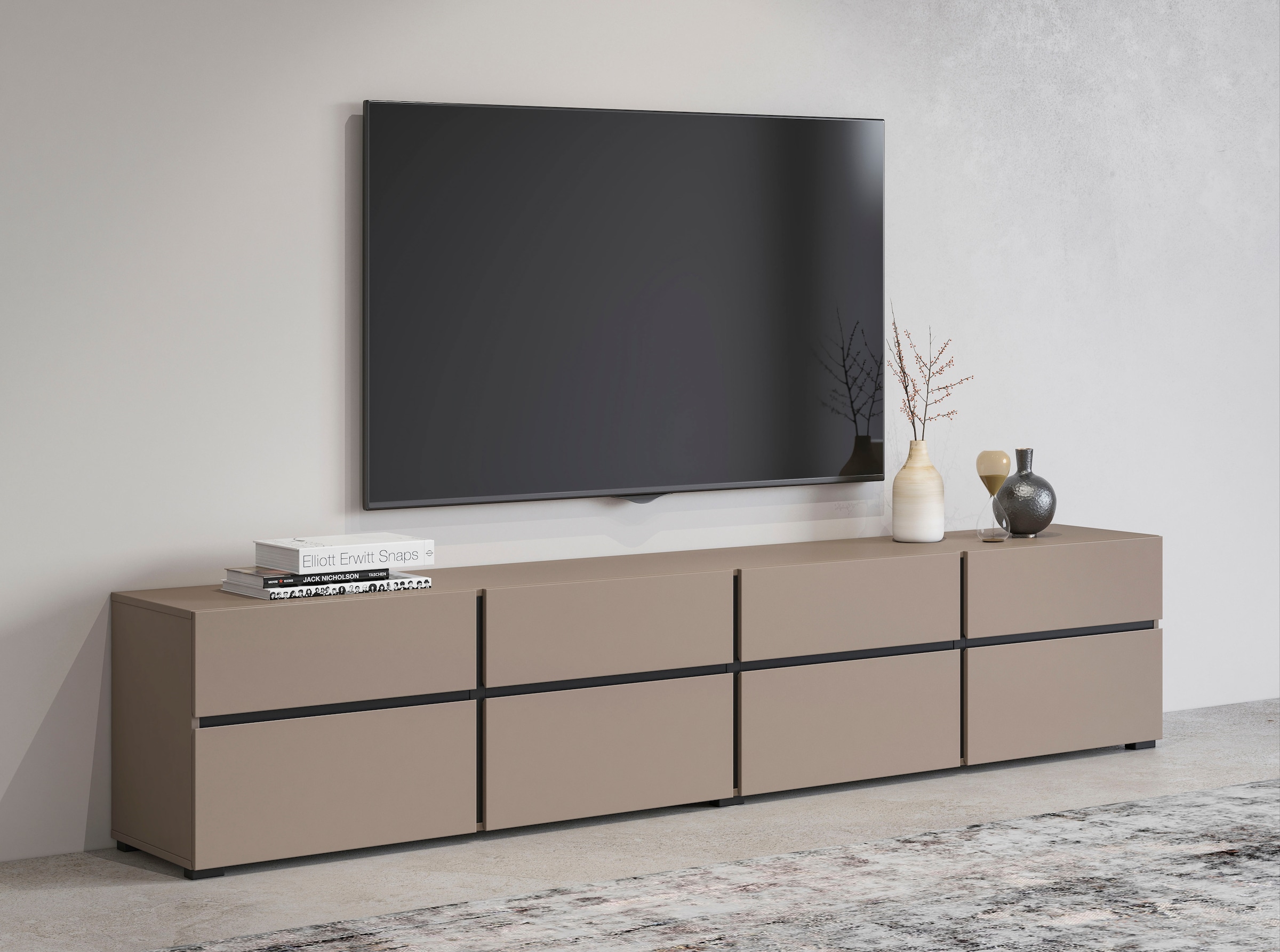 INOSIGN Lowboard »Cross, moderne grifflose TV-Kommode,4 Klappen/4 Schubkästen«, Breite 225 cm, TV-Schrank mit viel Stauraum, TV-Board