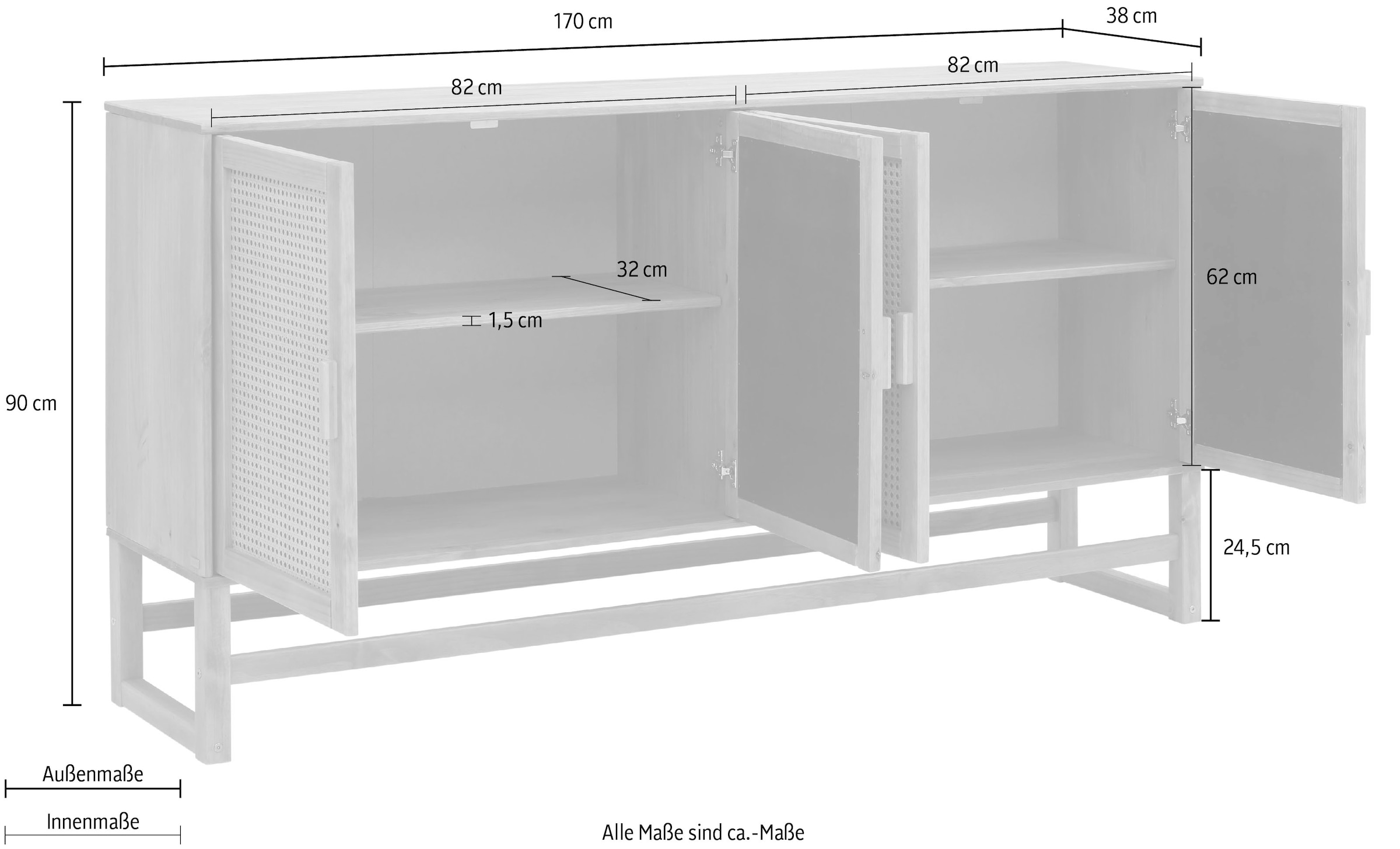 Home affaire Sideboard, Rattangeflecht auf den Türfronten, aus Massivholz, zwei Farbvarianten