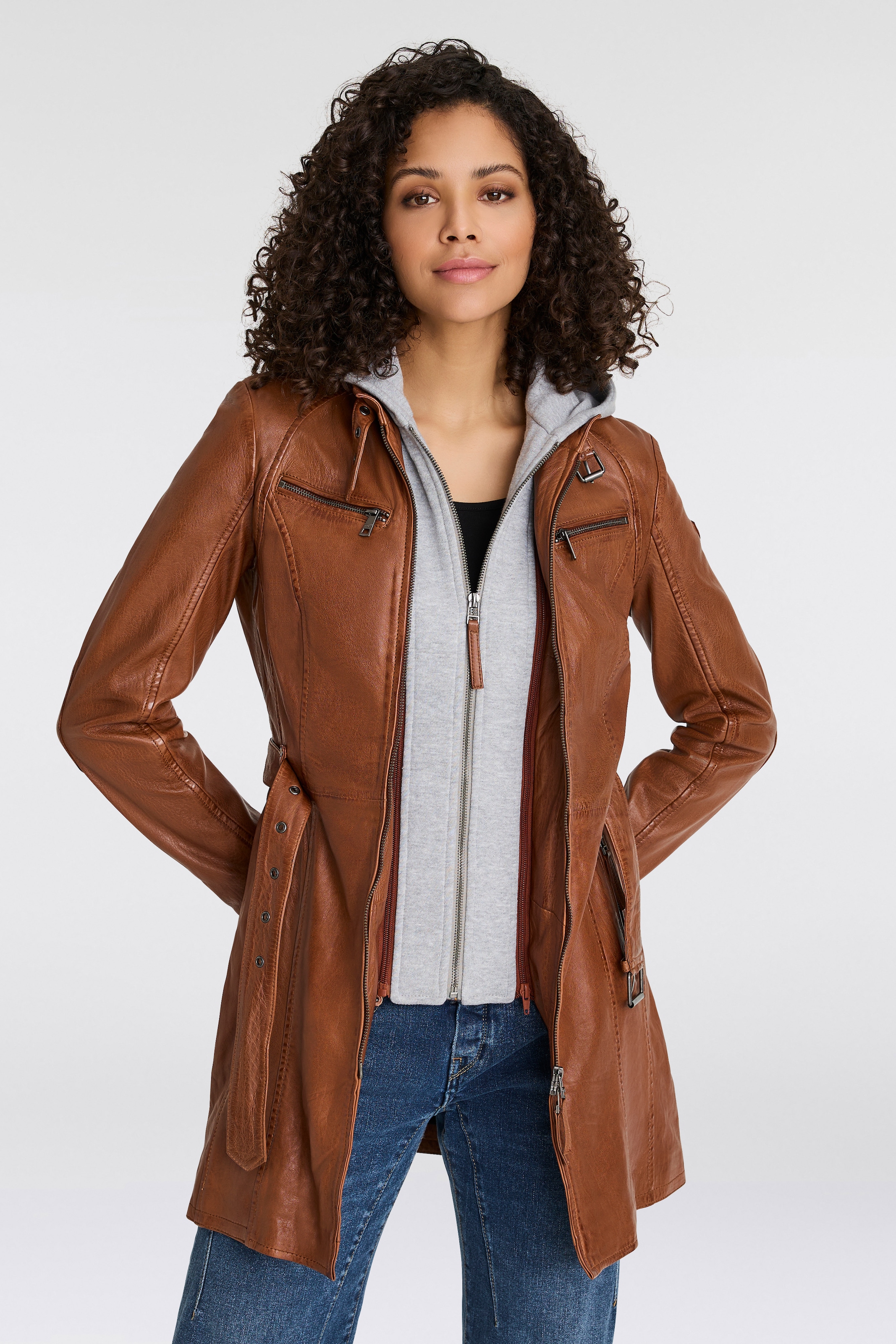 Mauritius Ledermantel »BENTE2«, (mit Gürtel), lange Lederjacke mit Gürtel & abnehmbarem Kapuzen-Inlay