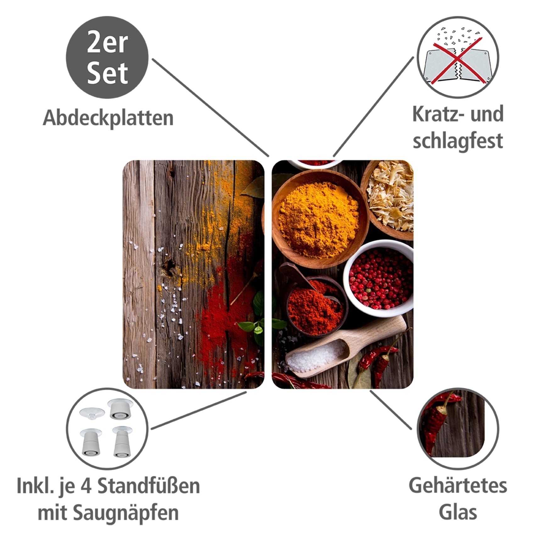 WENKO Herd-Abdeckplatte »Universal Modell Gewürze«, (Set, 2 tlg.), Herdabdeckung für alle Herdarten, kratzfest, mit rutschfesten Füssen