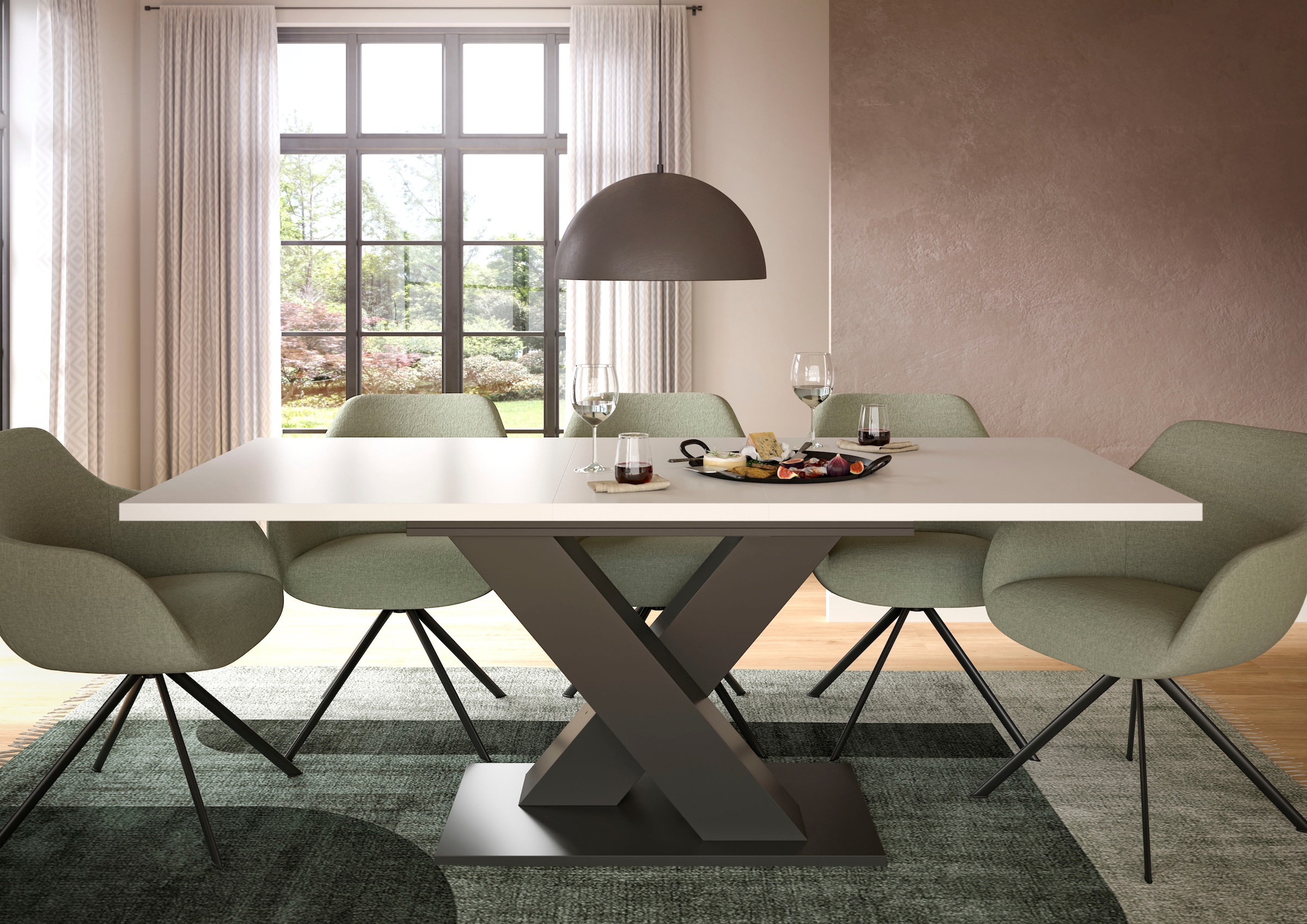 INOSIGN Esstisch »Motus, ausziehbar 150 -190 cm, inklusive 40 cm Einlegeplatte«, (Set, 1 St.), X-Gestell mit Bodenplatte, Tisch, Küchentisch, Esszimmer, Küche
