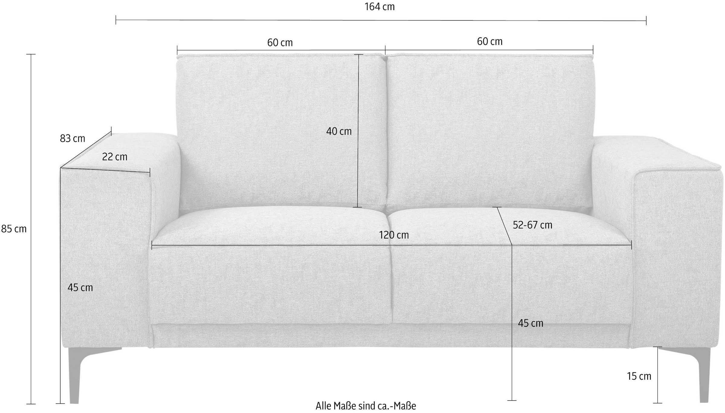 Places of Style 2-Sitzer »Kompaktsofa Oland, Struktur, Flachgewebe, Luxus-Microfaser, Boucle«, 164 cm, Wellenunterfederung, Skandi-Design, Metallfüsse