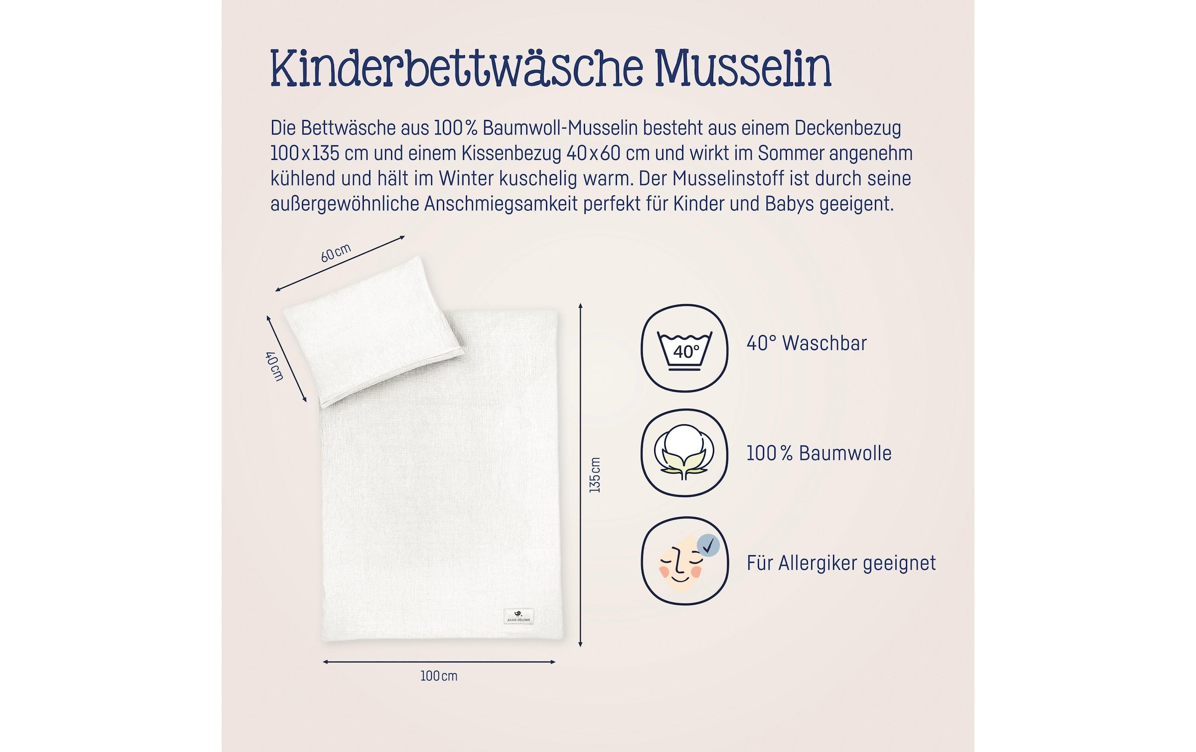 Julius Zöllner Kinderbettwäsche »Musselin Ivory 100 x 135 + 40 x 60 cm«