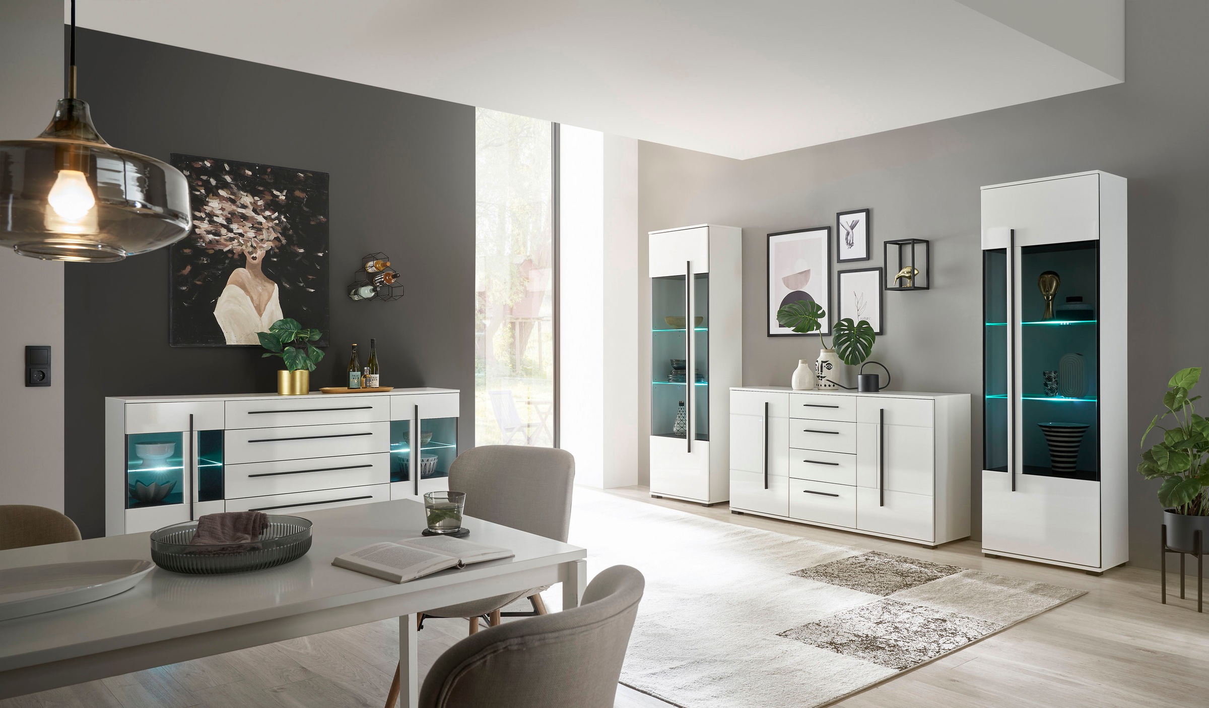 INOSIGN Wohnwand »Cantara, moderne Anbauwand, Wohnzimmer-Set, in Eiche Evoke oder Weiss«, (Set), enthält zwei Vitrinen und ein Sideboard