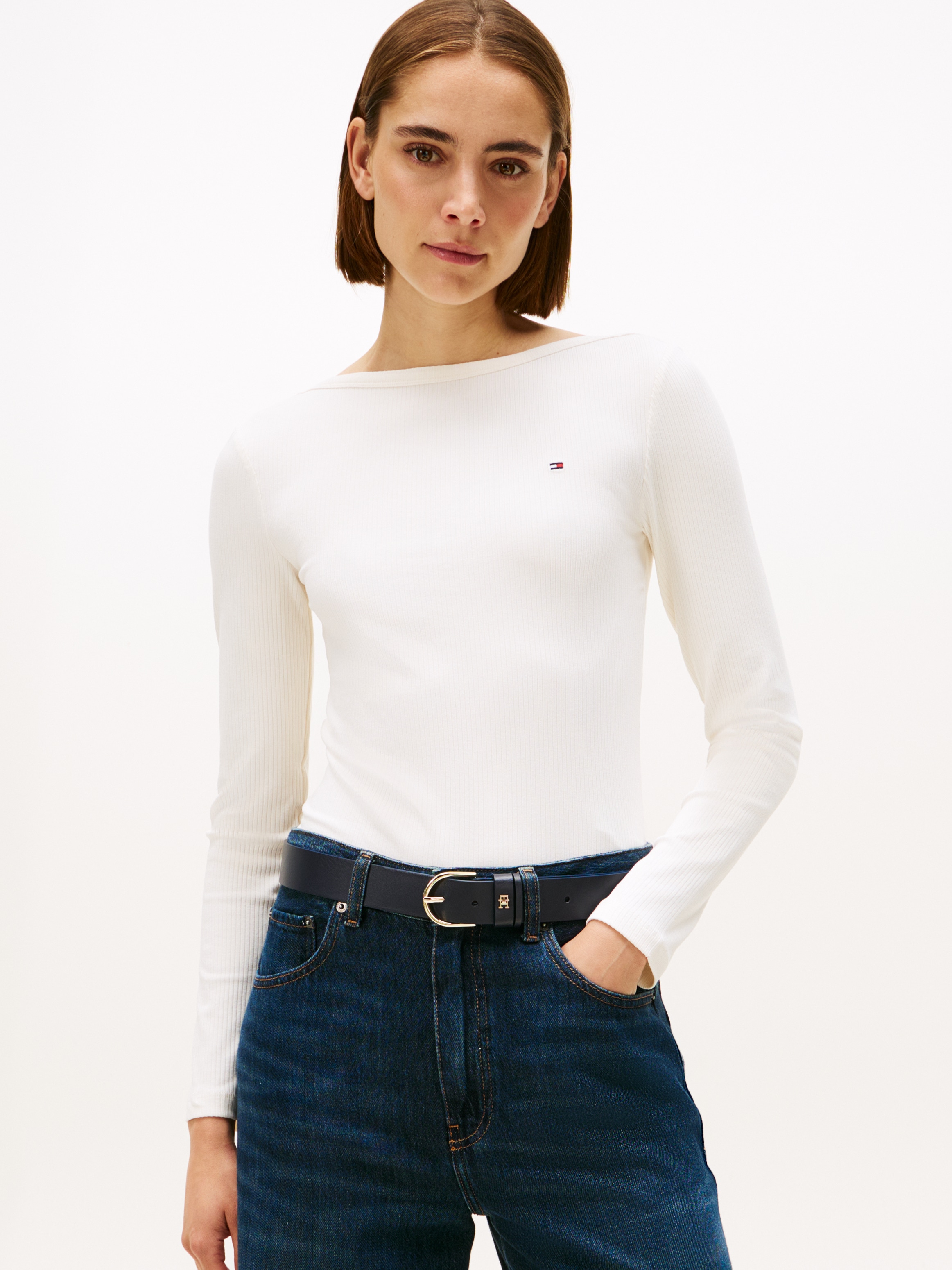 Tommy Hilfiger Langarmshirt »SLIM 5X2 RIB BOAT-NK LS mit U-Boot Ausschnitt und Rippstruktur« unifarben, casual, slim fit, Viskosemix, U-Boot-Ausschnitt