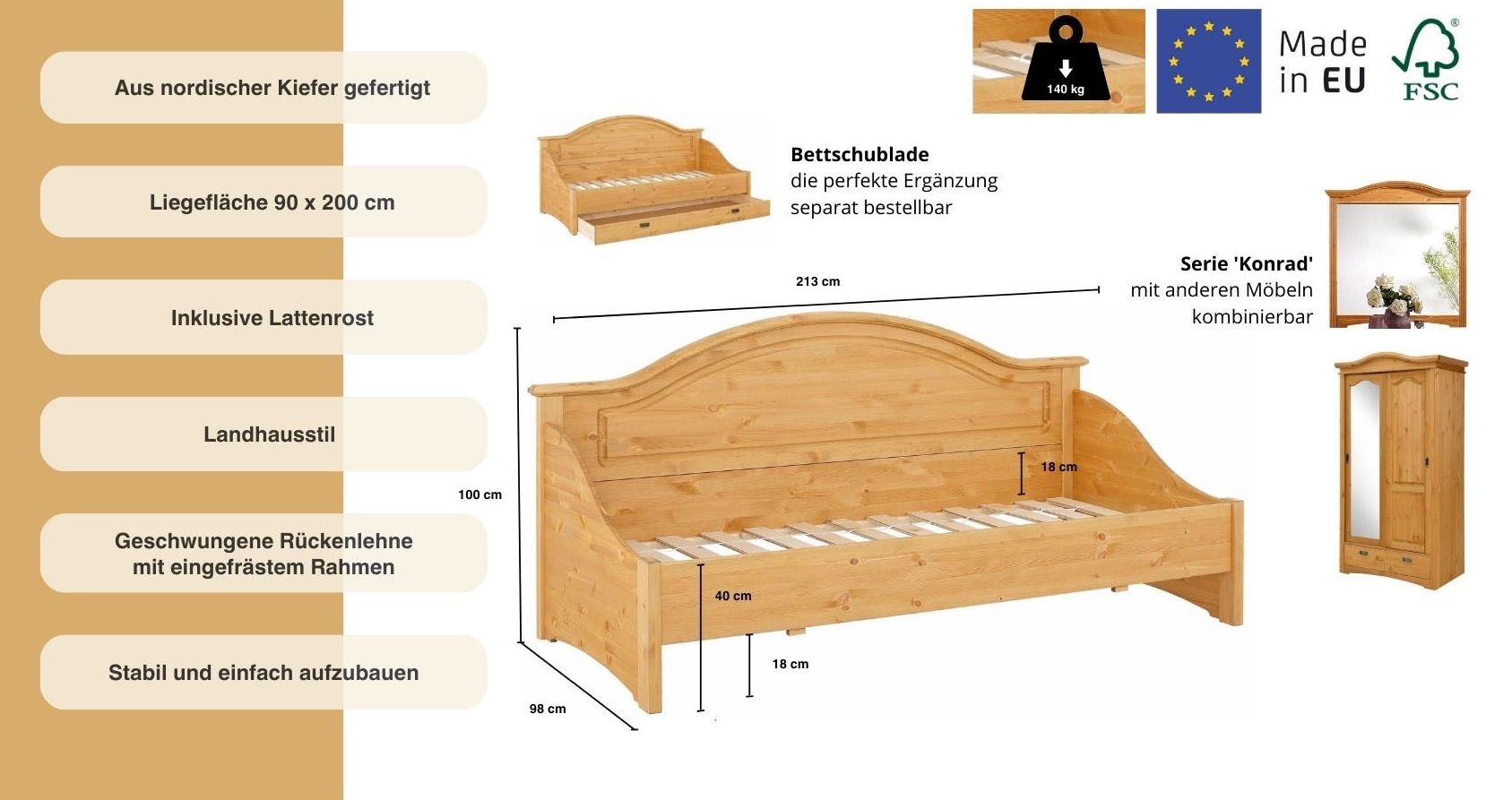 Home affaire Daybett »Konrad«, aus massiver, FSC®-zertifizierter Kiefer