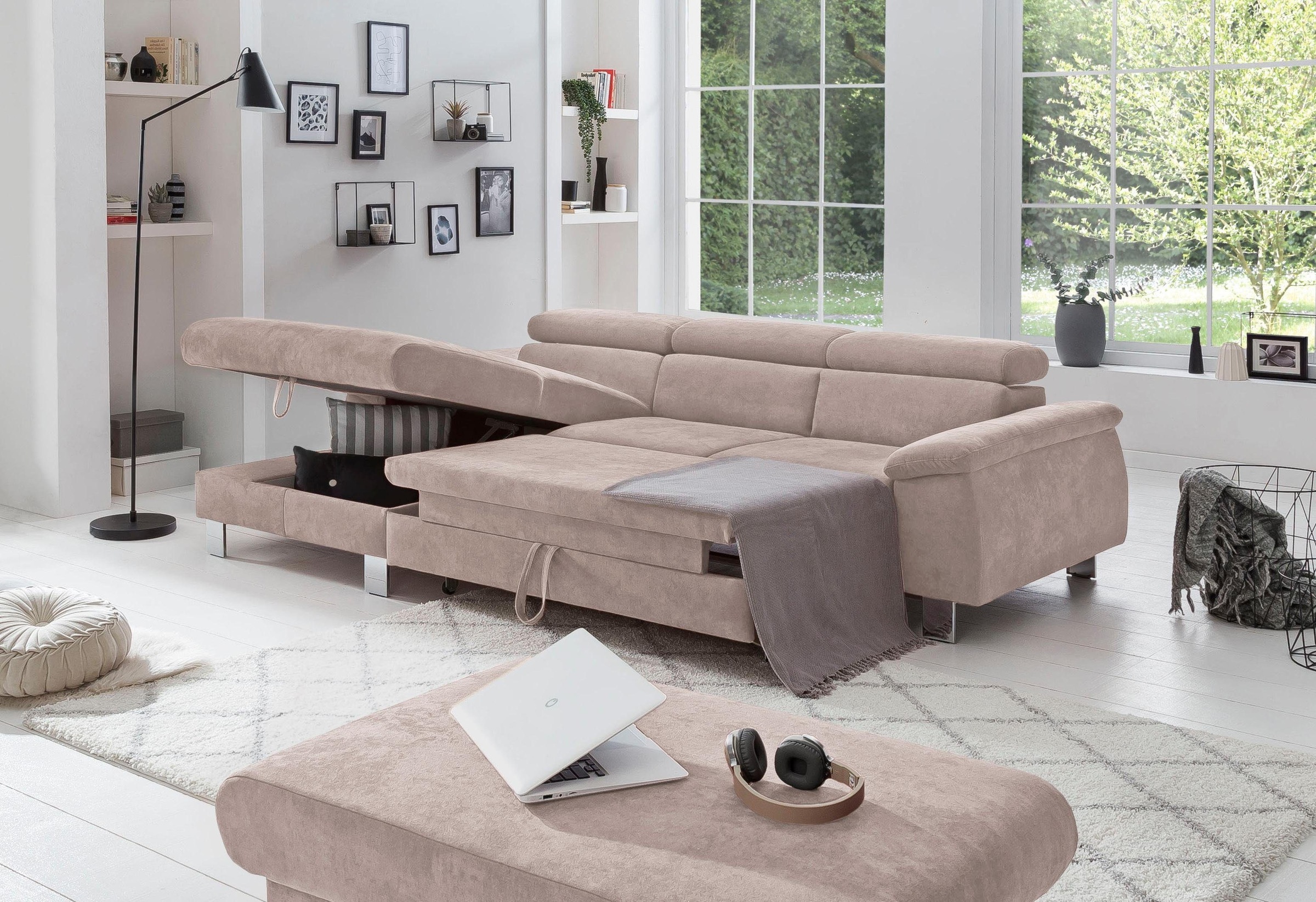 COTTA Ecksofa Komaris, Ecksofa, wahlweise mit RGB-LED-Beleuchtung und Bettfunktion/Bettkasten