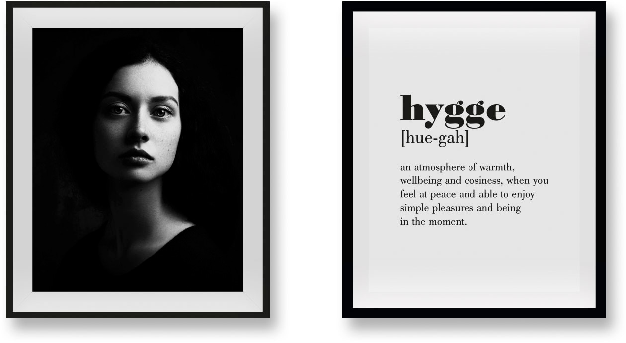 queence Bild »Hygge«, Abstrakt-Schwarz-Weiss-Fashion-Mode-Magazincover-Frau-Bilder von Frauen-Schriftzug-Sprüche & Texte, (2 St.), HD Premium Poster-Druck inkl. Holzrahmen - 2er Set