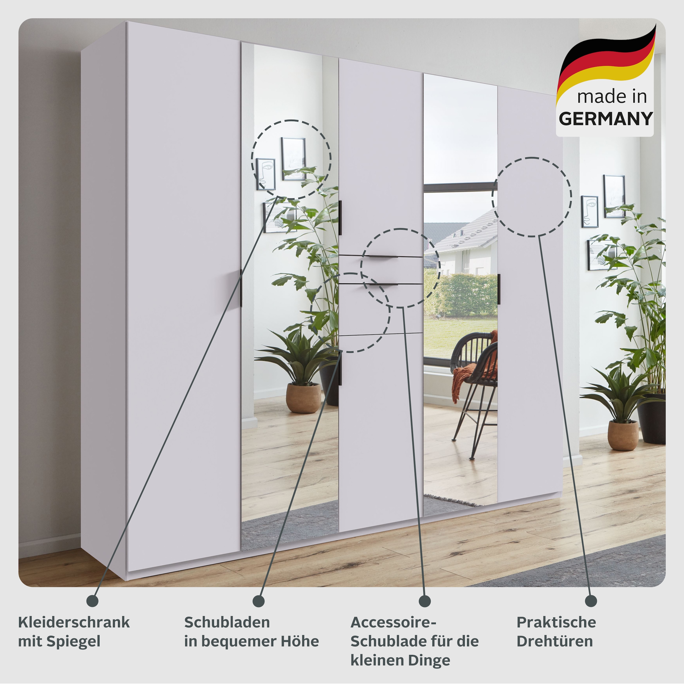 Wimex Drehtürenschrank »Moldau. Lieferung bis in Deine Etage«, Kleiderschrank mit Spiegel, 2 Schubladen in 2 Breiten schwarze Griffe