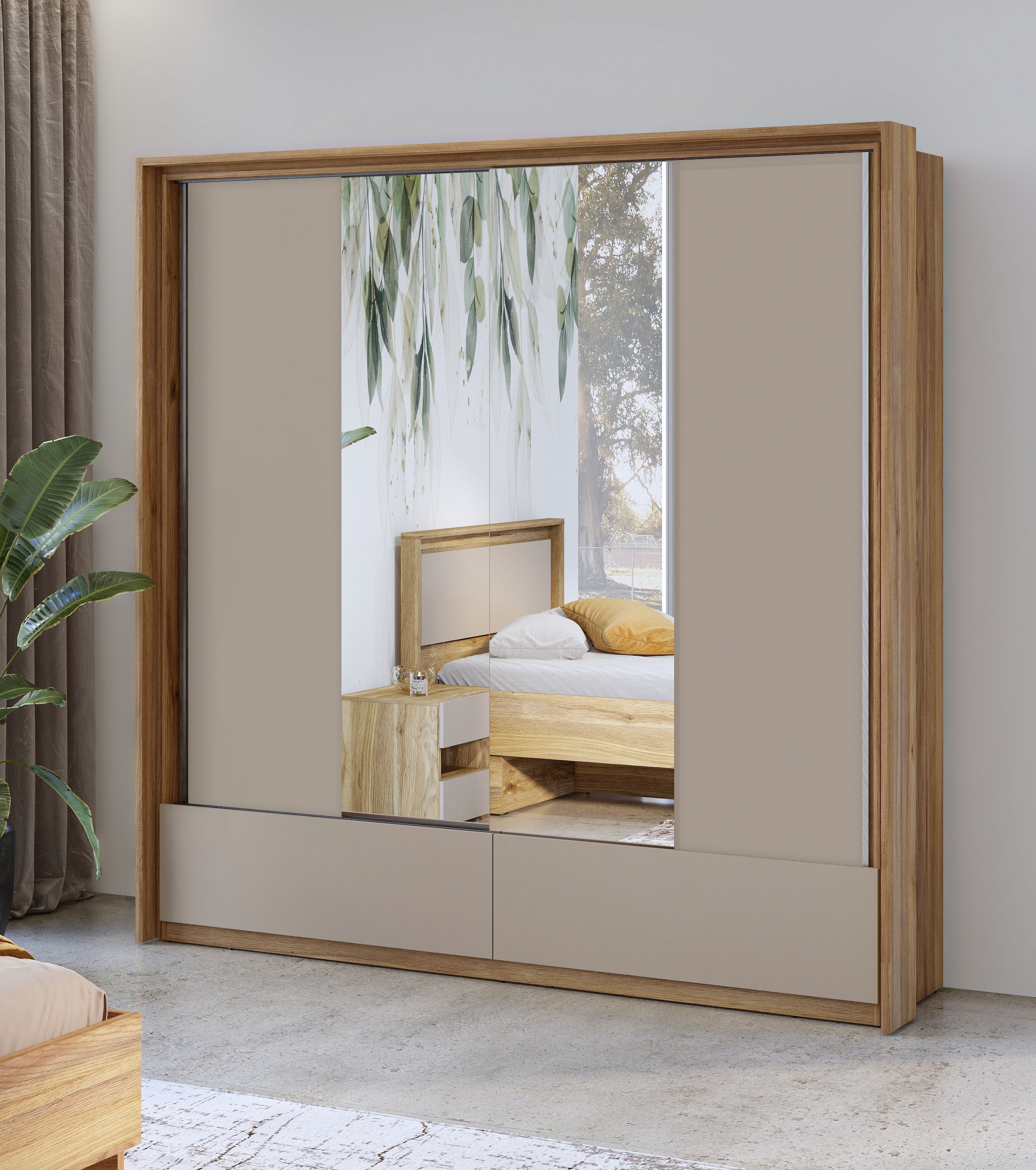 Home affaire Schwebetürenschrank »Wharton, Breite 159 oder 209 cm, Kleiderschrank incl. Innenausstattung«, Wäscheschrank, 2 Schubkästen, 2 Spiegel, Metallgriffe, Garderobe