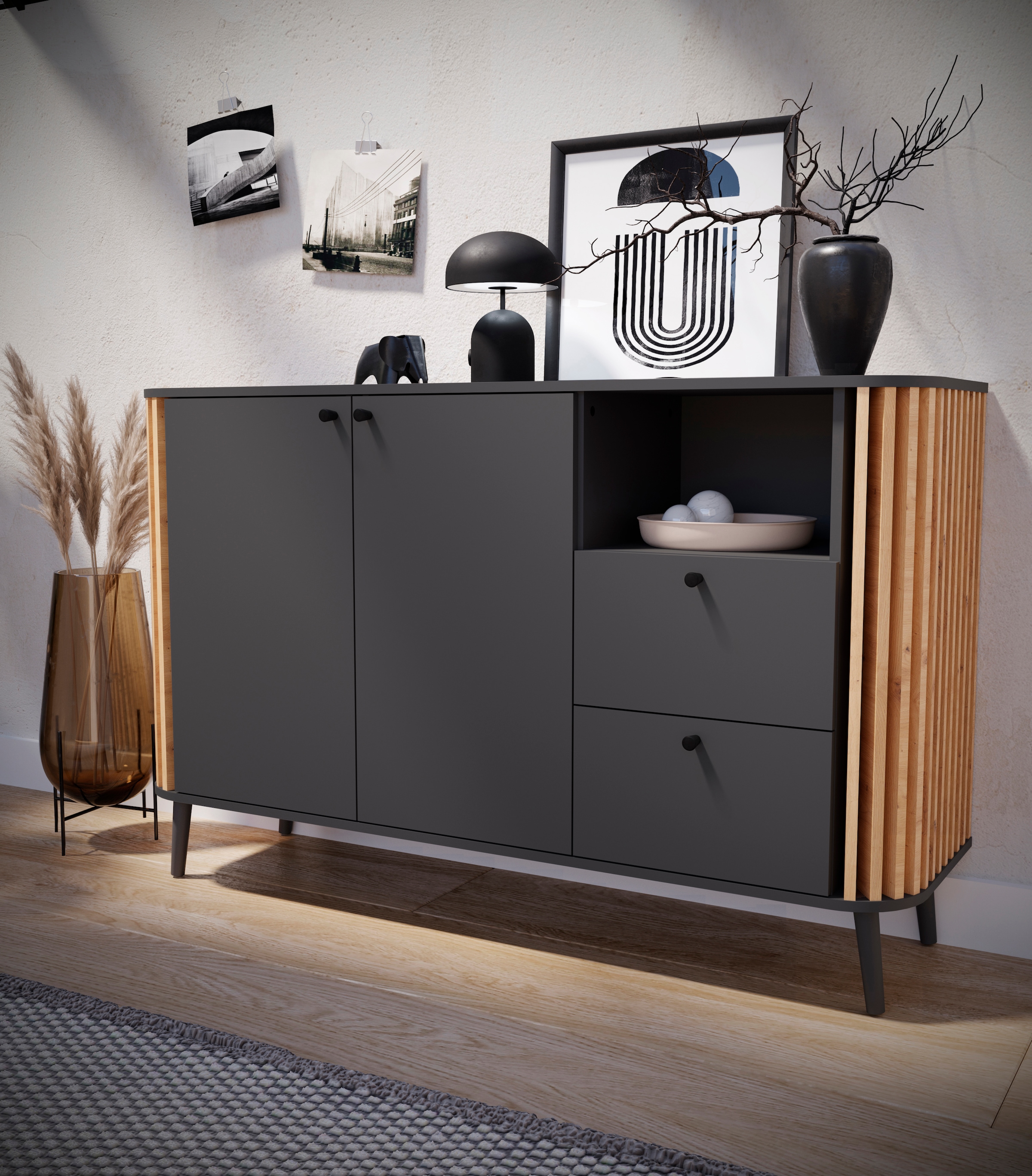 INOSIGN Sideboard »Stavanger, Breite 138cm, Paneel-Stäbchen-Optik, 2 Schubkästen, 2 Türen«, (1 St.), 1 offenes Fach, 1 Einlegeboden, Anrichte, Schrank, Kommode, Wohnmöbel