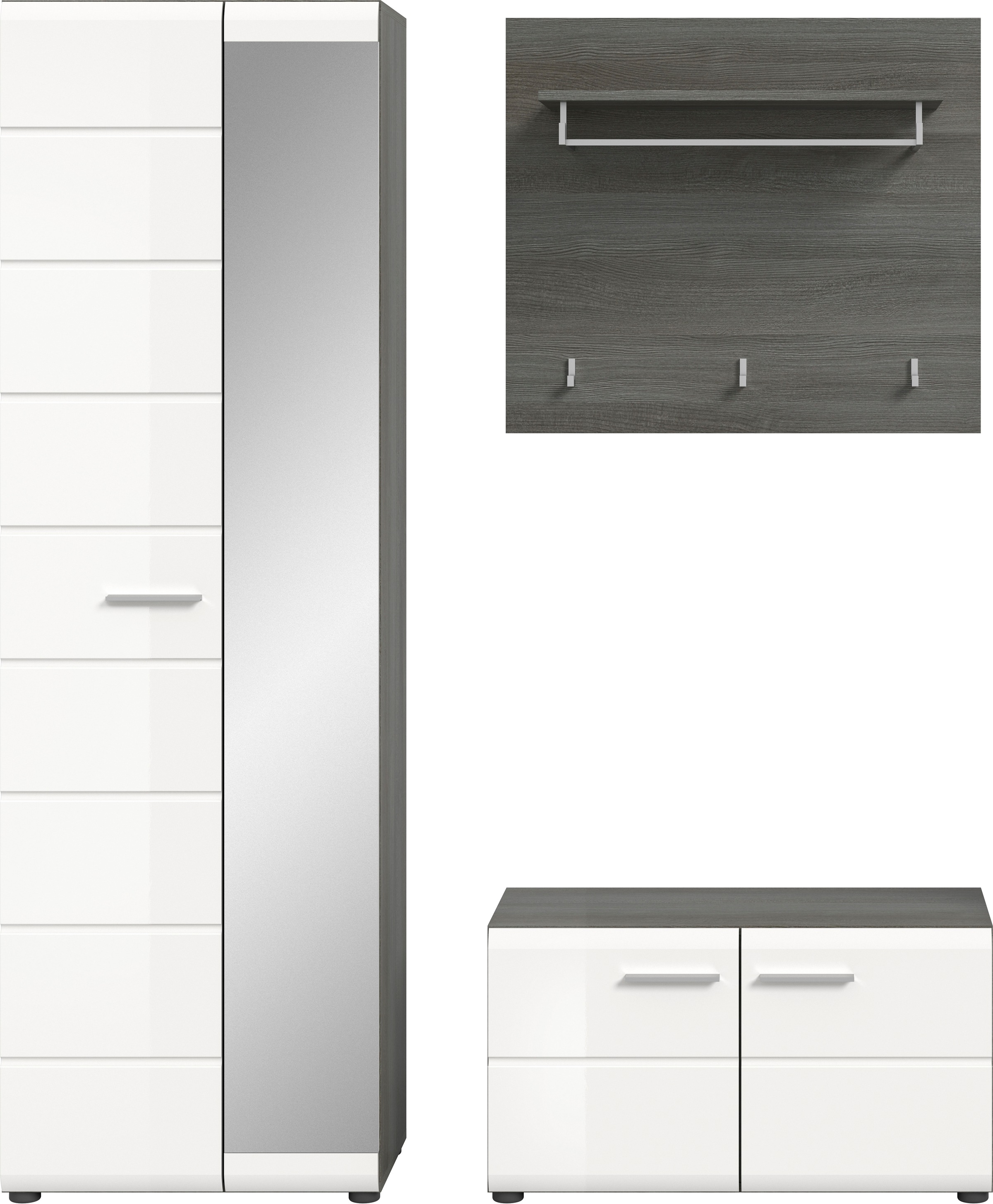 INOSIGN Garderoben-Set »Rumba, 3-teilig, Breite 155 cm, Hochglanz Front, bestehend aus:«, (3 St.), Garderobenschrank, Sitzbank, Garderobenpaneel