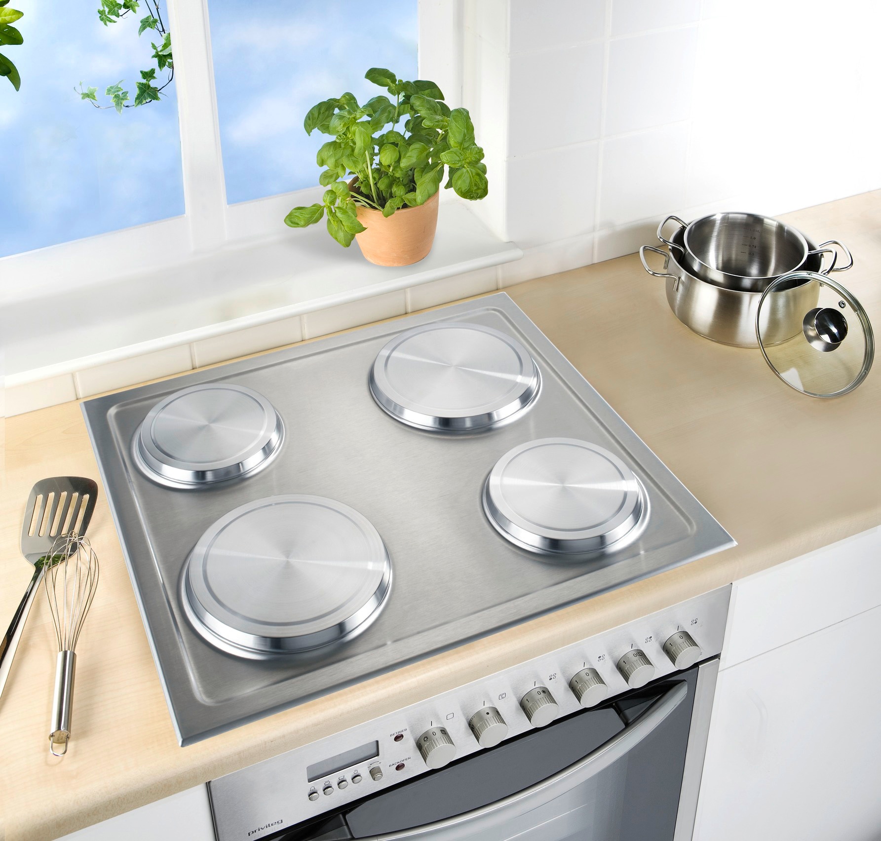 WENKO Herd-Abdeckplatte »Modell Edelstahl«, (Set, 4 tlg., bestehend aus 2x ø 16 cm, 2x ø 20 cm), für Elektroherde, 2 Grössen, auch als Topfuntersetzer verwendbar