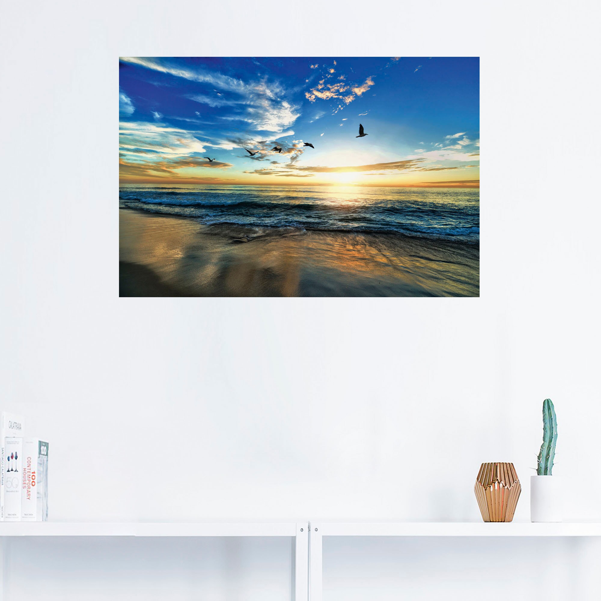 Artland Wandbild »Strand Möwen Meer Sonnenuntergang«, Sonnenaufgang & -untergang, (1 St.), als Alubild, Outdoorbild, Leinwandbild, Poster, Wandaufkleber