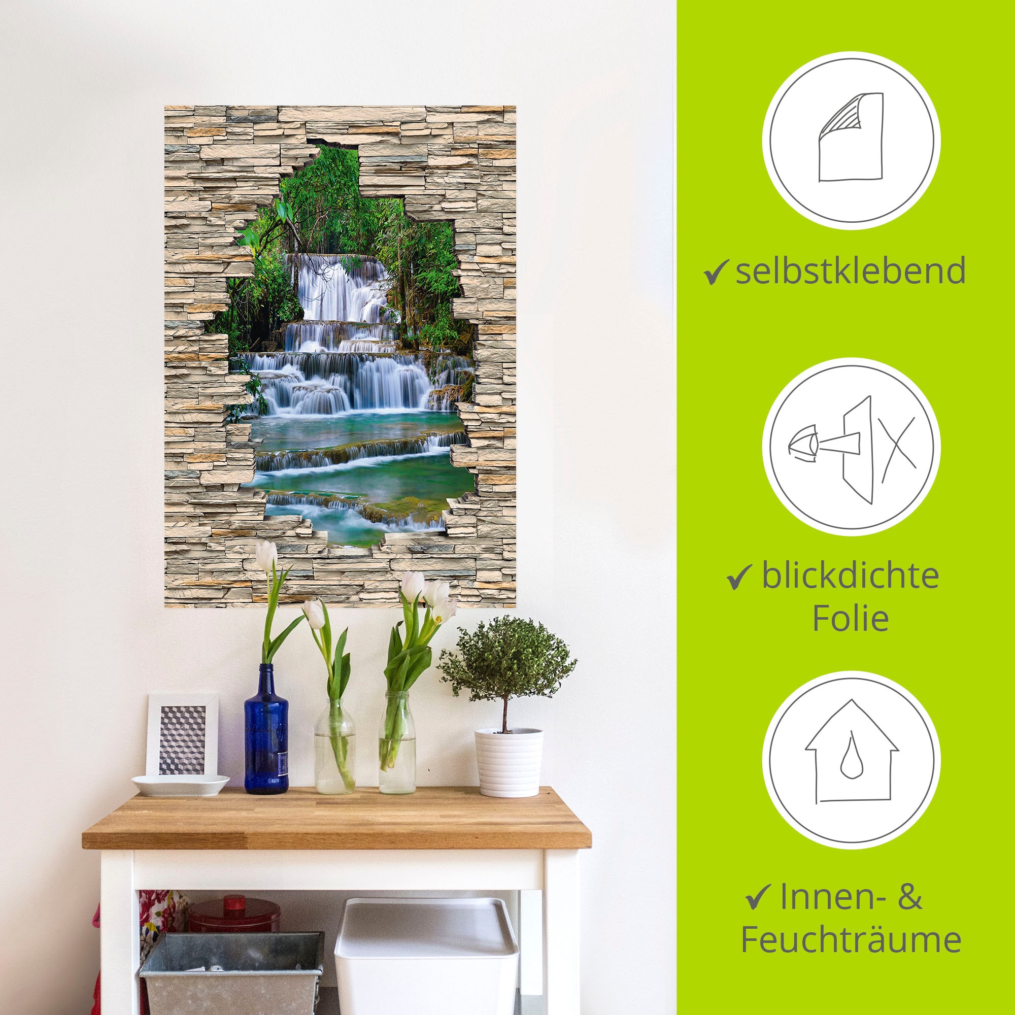 Artland Wandbild »Tiefen Wald Wasserfall Stein Mauer Blick«, Wasserfallbilder, (1 St.), als Alubild, Outdoorbild, Wandaufkleber in verschied. Grössen