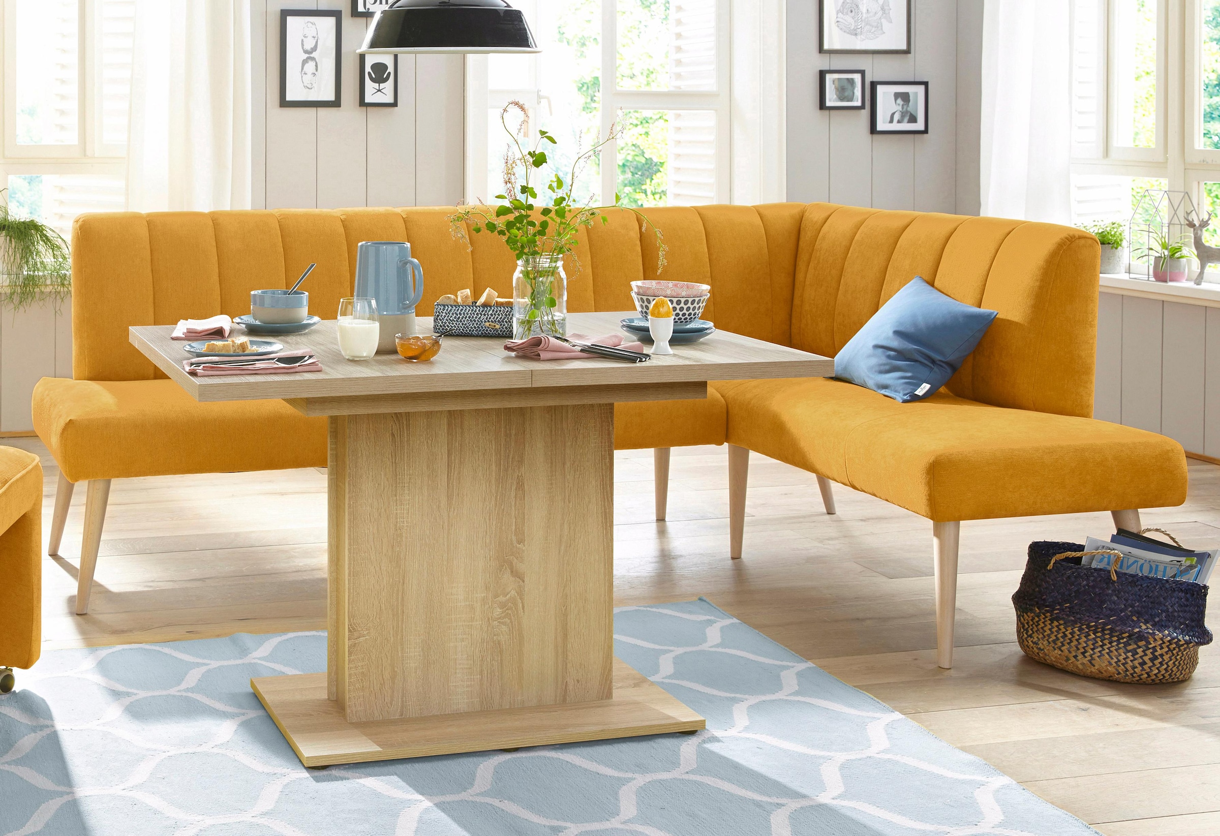 exxpo - sofa fashion Eckbank »Costa, moderne Rückensteppung, bequem und elegant, hoher Holzfuss«, hochwertig verarbeitet, Frei im Raum stellbar