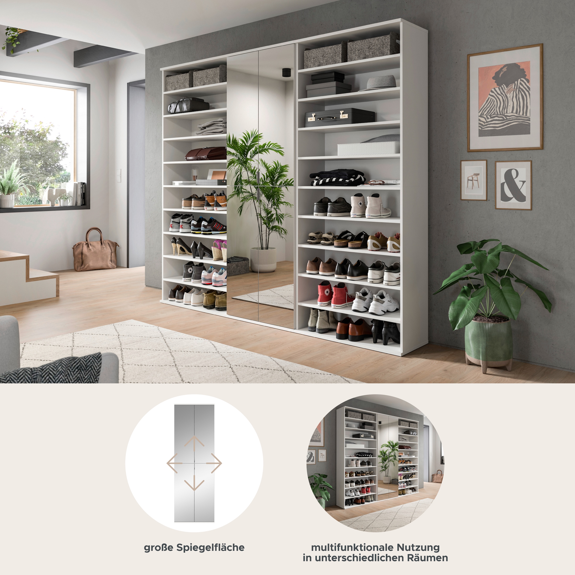 INOSIGN Garderoben-Set »Trondheim, Garderobenset 3-tlg. Breite 222 cm,«, (3 St.), hochglanz, best. aus: Spiegelschrank, 2x Schuhregal, Flur