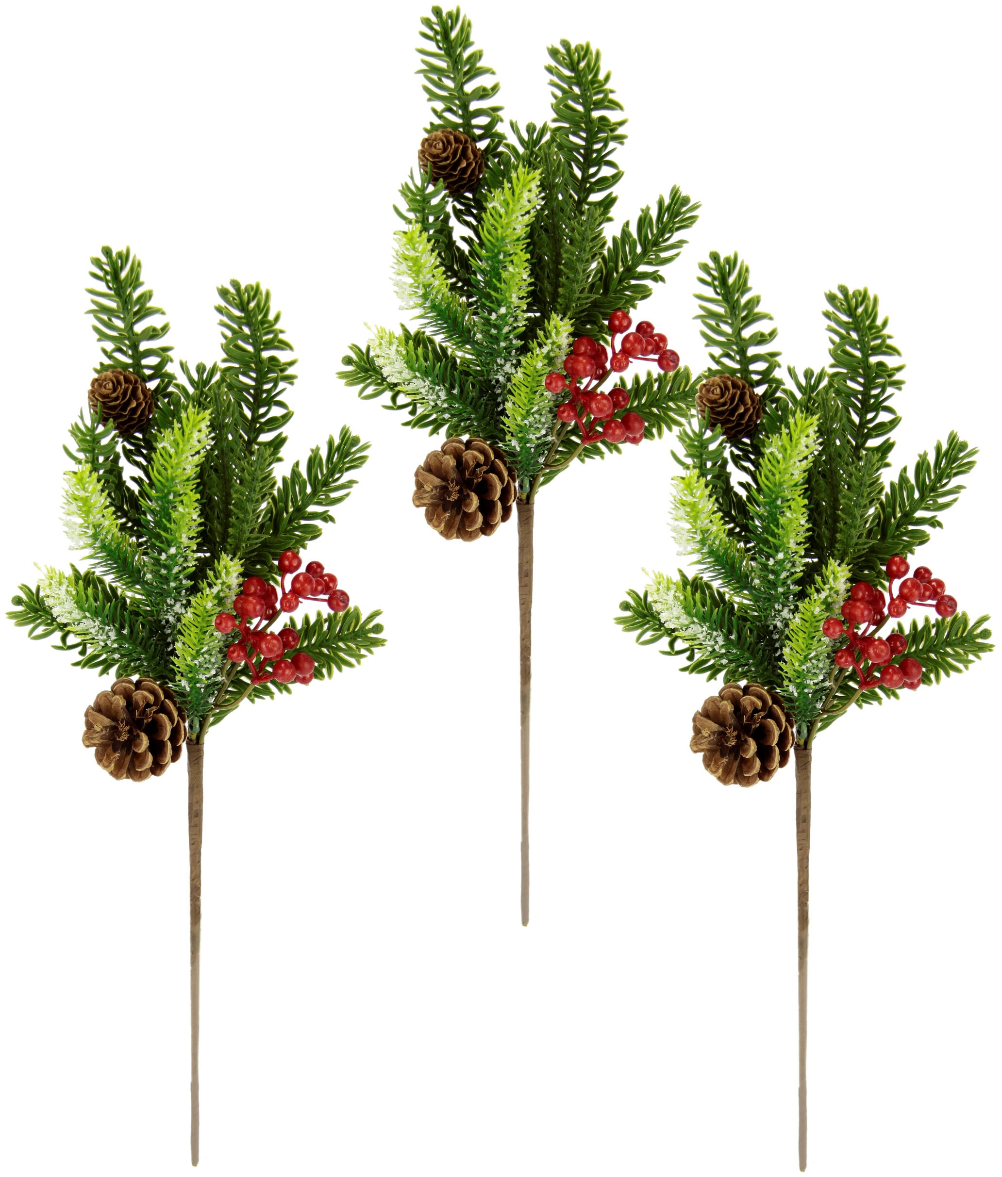 I.GE.A. Winterliche Kunstpflanze »Kunstzweig, Weihnachtsdeko«, mit echten  Zapfen und Beeren, 3er Set, grün, rot, natur kaufen