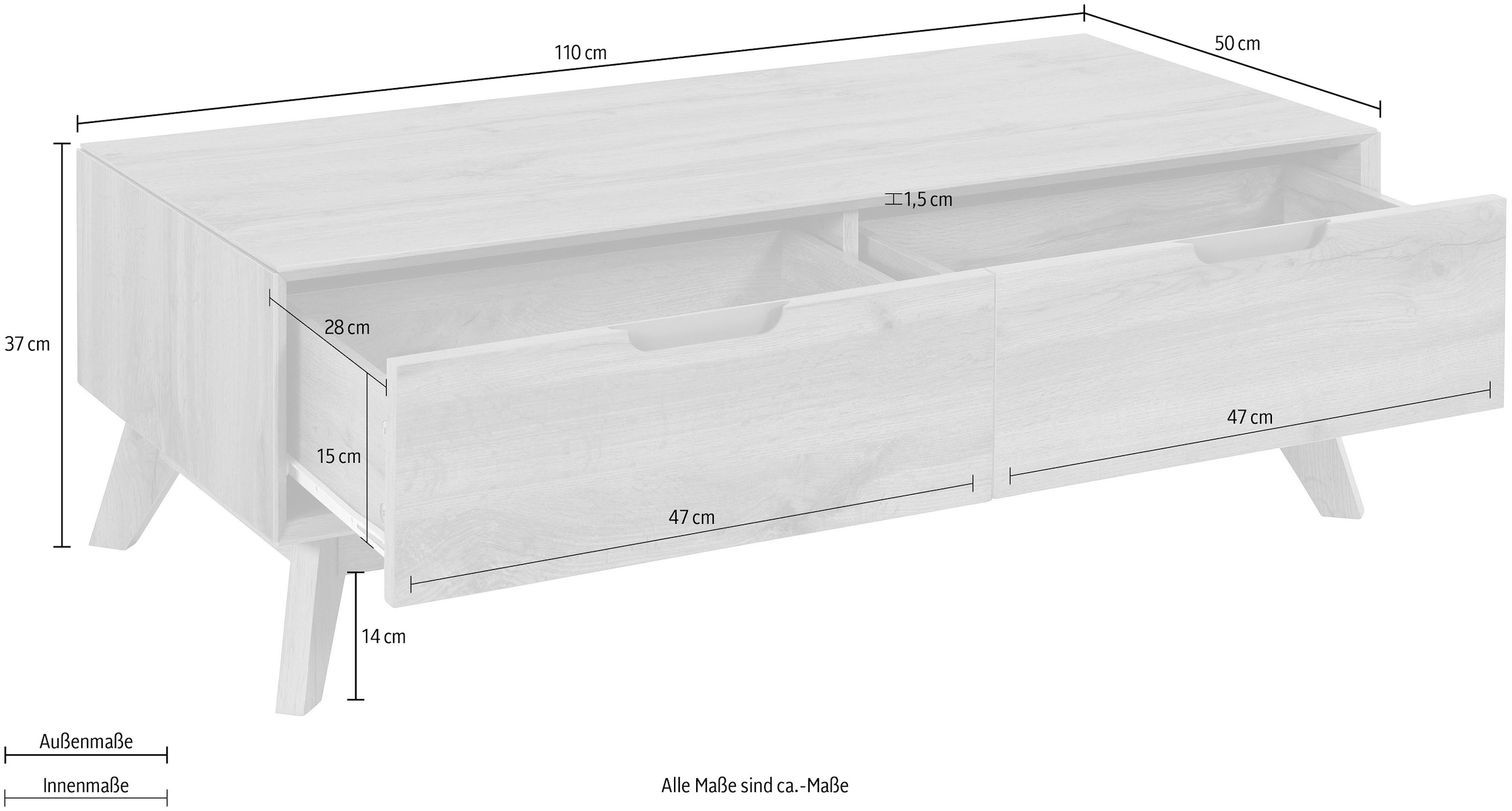 andas Couchtisch »Pandrup«, mit 2 Schubkasten, in verschiedenen Farben erhältlich, Höhe 37 cm