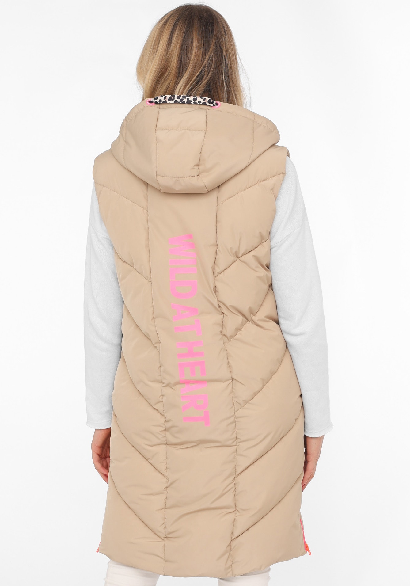 Zwillingsherz Steppweste »Steppweste lang "Wild at Heart"«, mit Leo Details, Print, Kapuze, Reissverschluss und Taschen