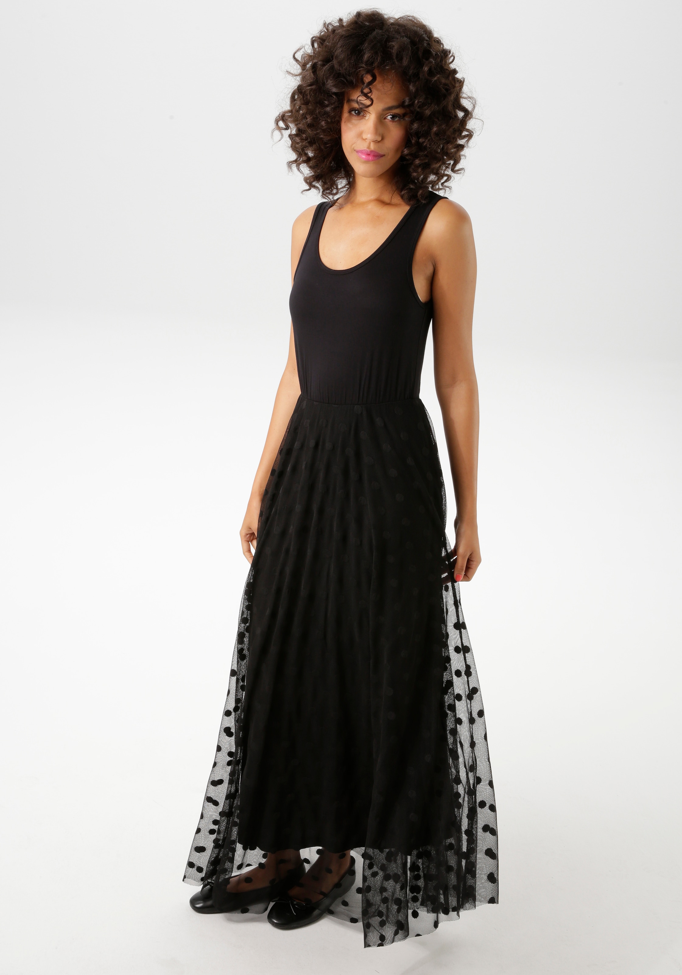 Aniston CASUAL Maxikleid, mit getupften Mesh verziertem Rockteil