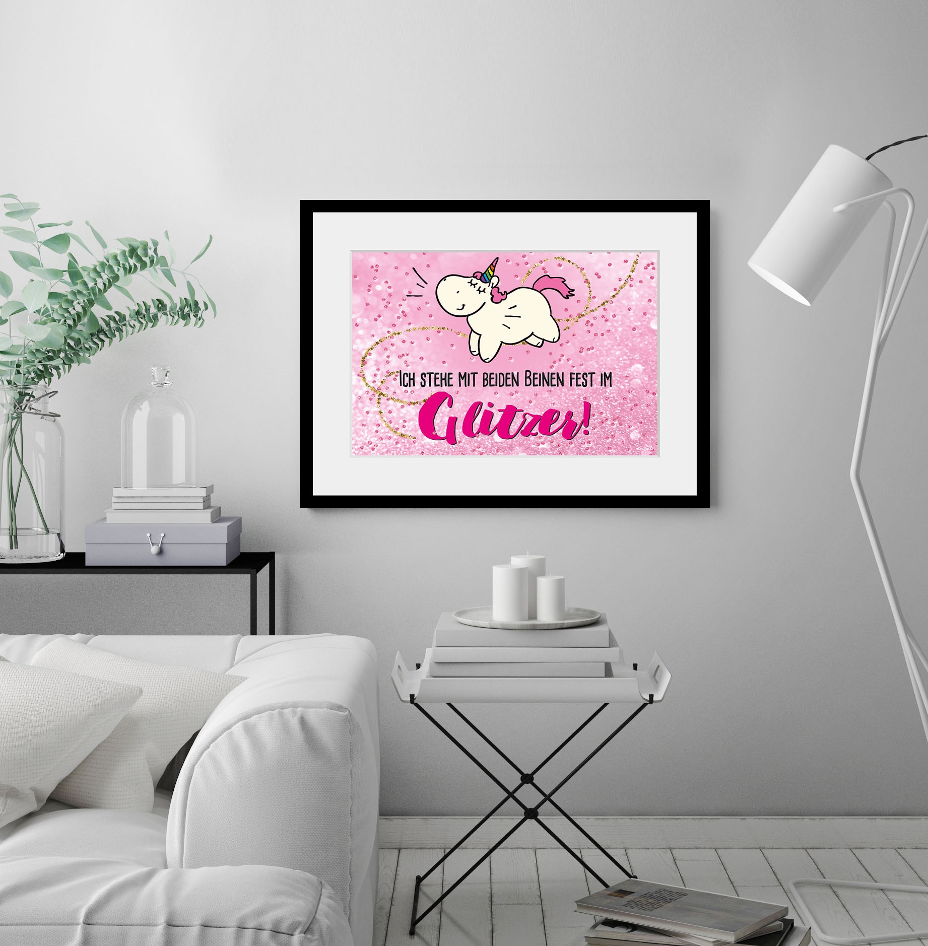 queence Bild »Glitzer Einhorn«, Einhorn-Sprüche & Texte-Schriftzug, (1 St.), HD Premium Poster-Druck inkl. Holzrahmen