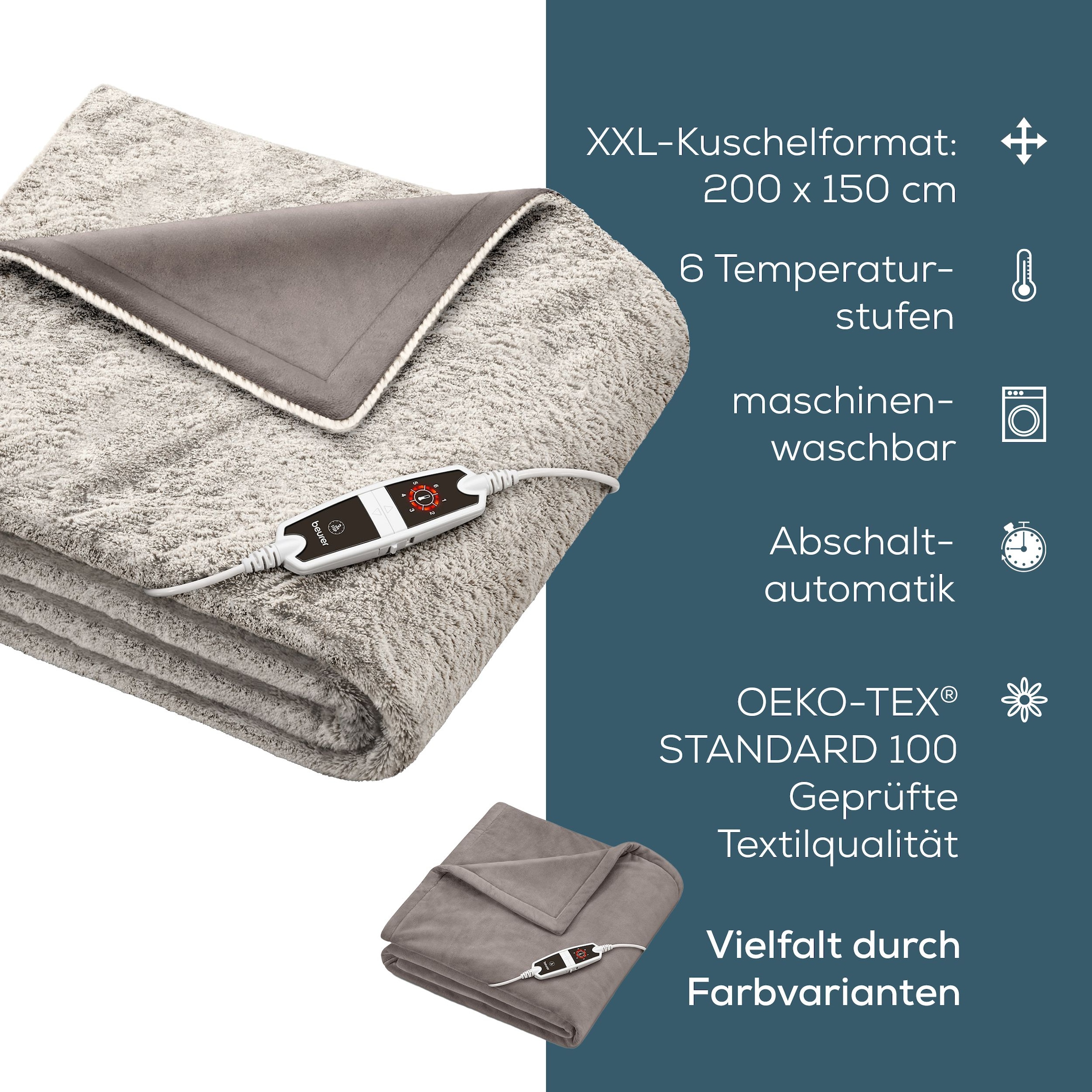 BEURER Heizdecke »HD 150 taupe XXL, elektrische Wärmedecke zum Einkuscheln«, 6 Temperaturstufen, kuscheliges Material, maschinenwaschbar