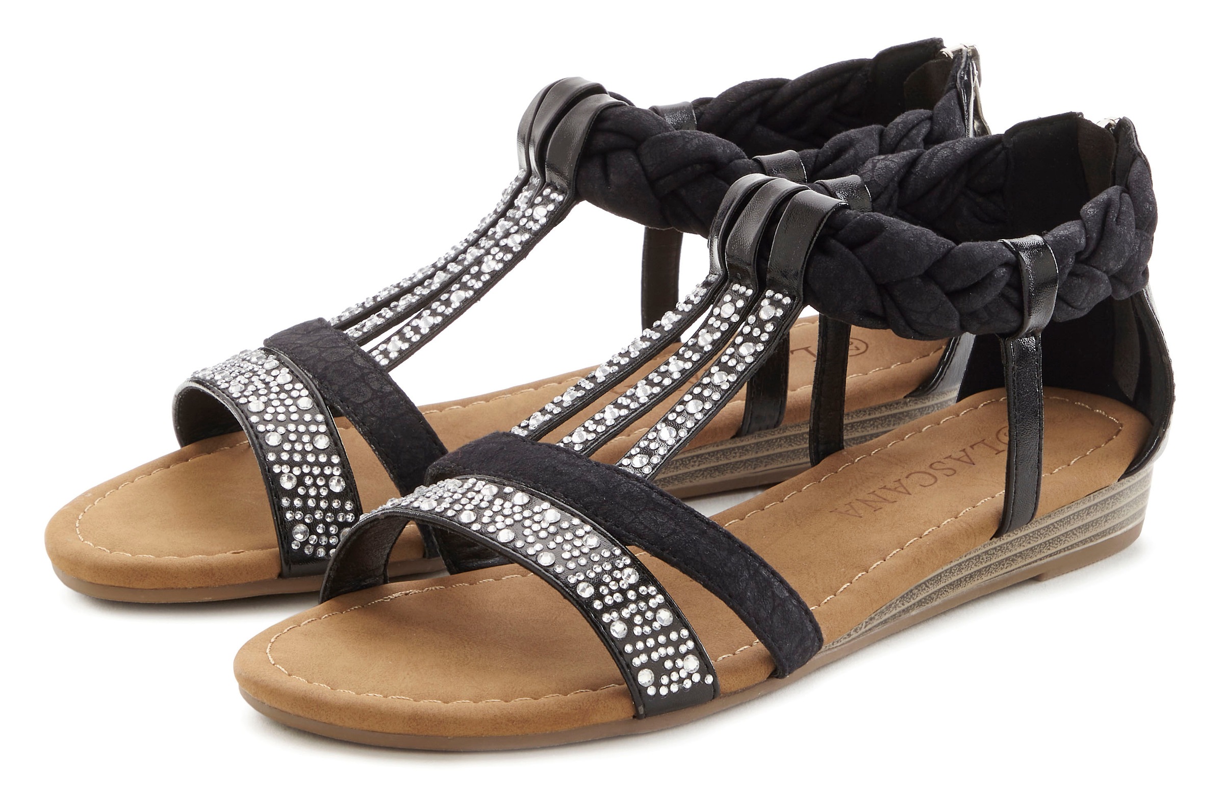 LASCANA Sandale »Sommerschuh, Sandalette« mit Glitzersteinen und kleinem Keilabsatz im Festival-Look VEGAN