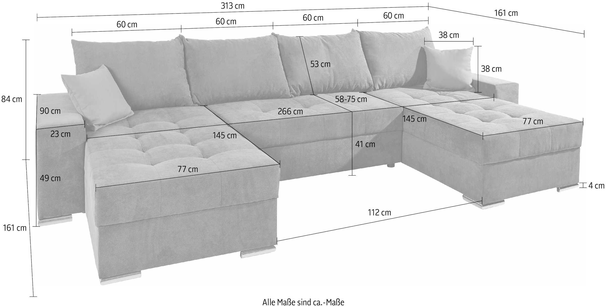 COLLECTION AB Wohnlandschaft »Josy U-Form«, mit Schlaffunktion, Bettkasten und Zierkissen, mit 2 Recamieren