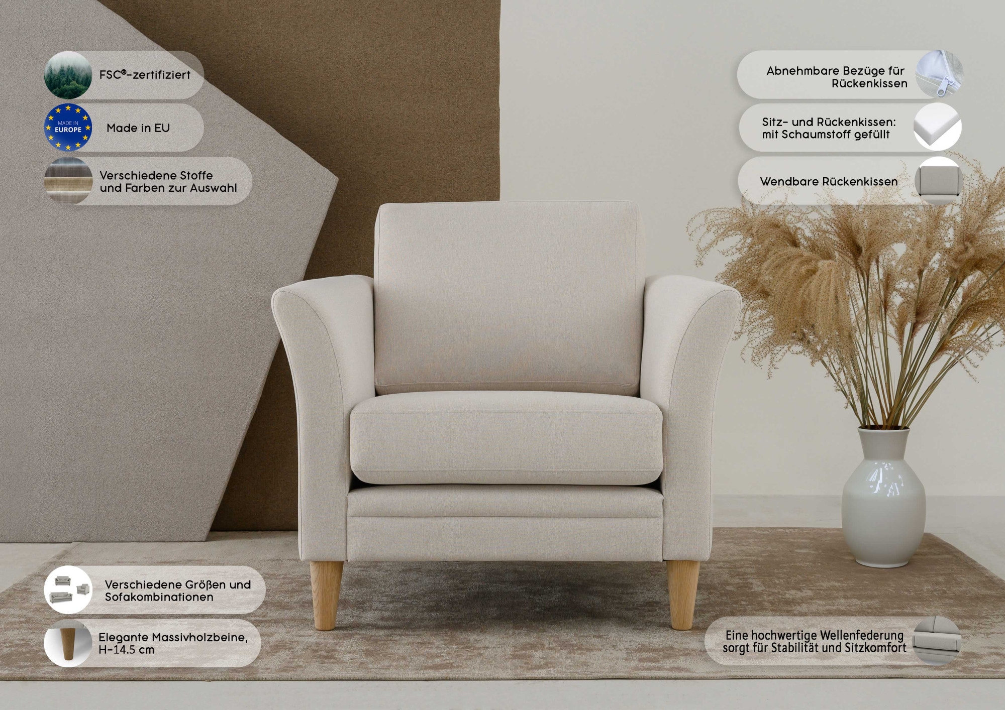 Home affaire Sessel »Arellano, Breite 93 cm«, klassisches Design, mit Massivholzfüssen, Webstoff fein