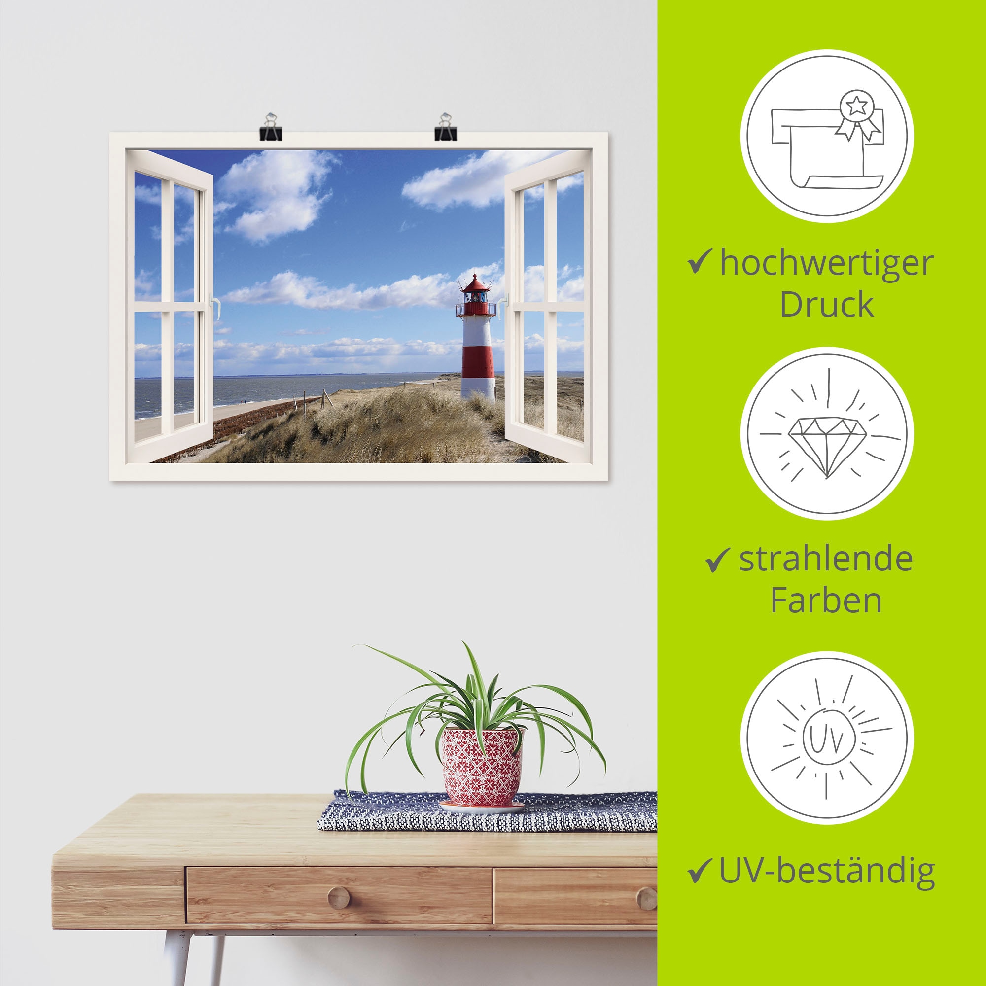 Artland Wandbild »Fensterblick - Leuchtturm Sylt«, Fensterblick, (1 St.), als Leinwandbild, Poster, Wandaufkleber in verschied. Grössen