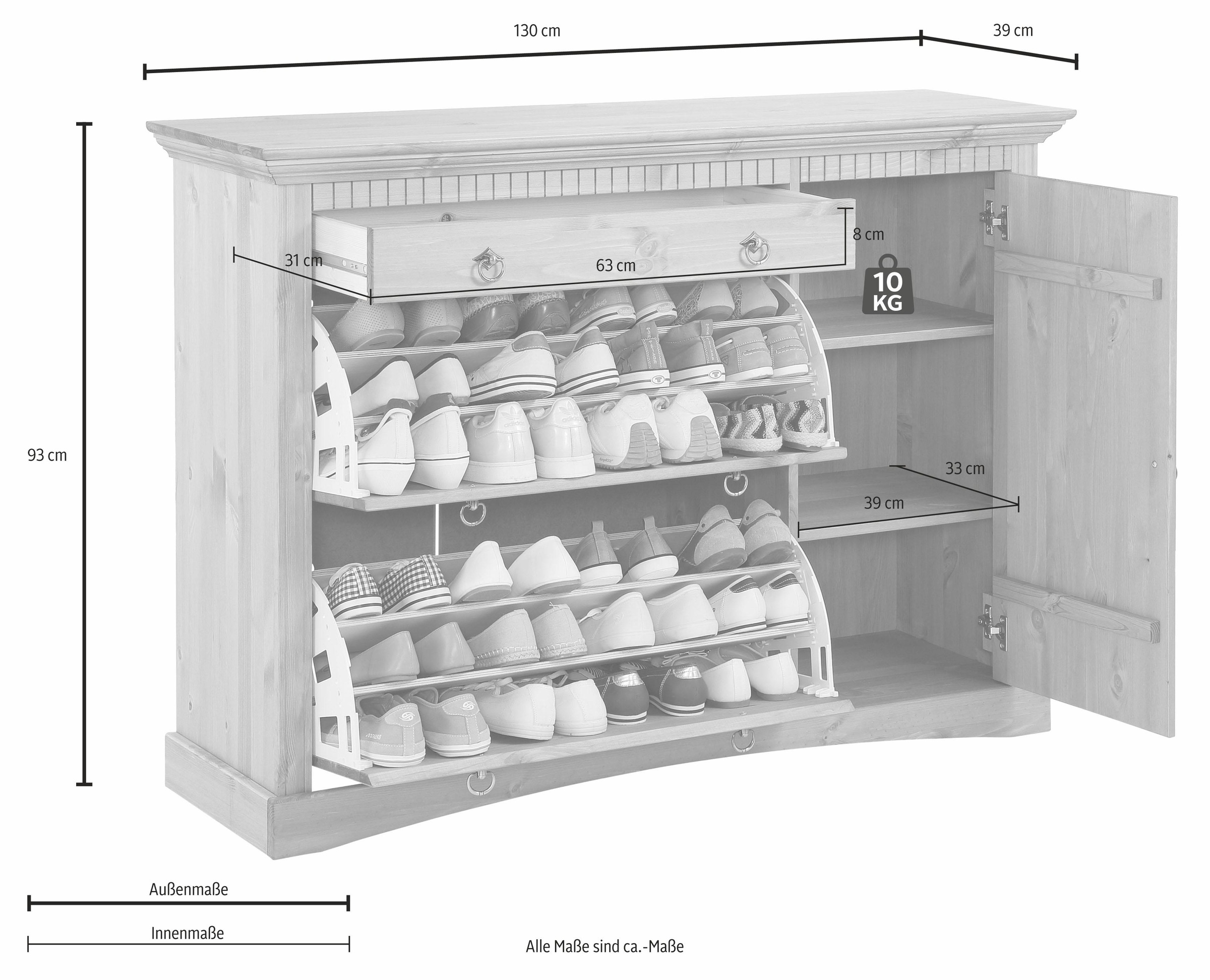 Home affaire Schuhkommode »Rustic«, (Bis max. Schuhgrösse 42), aus massiver Kiefer, Breite 130 cm, für ca. 2 x 12 Paar Schuhe
