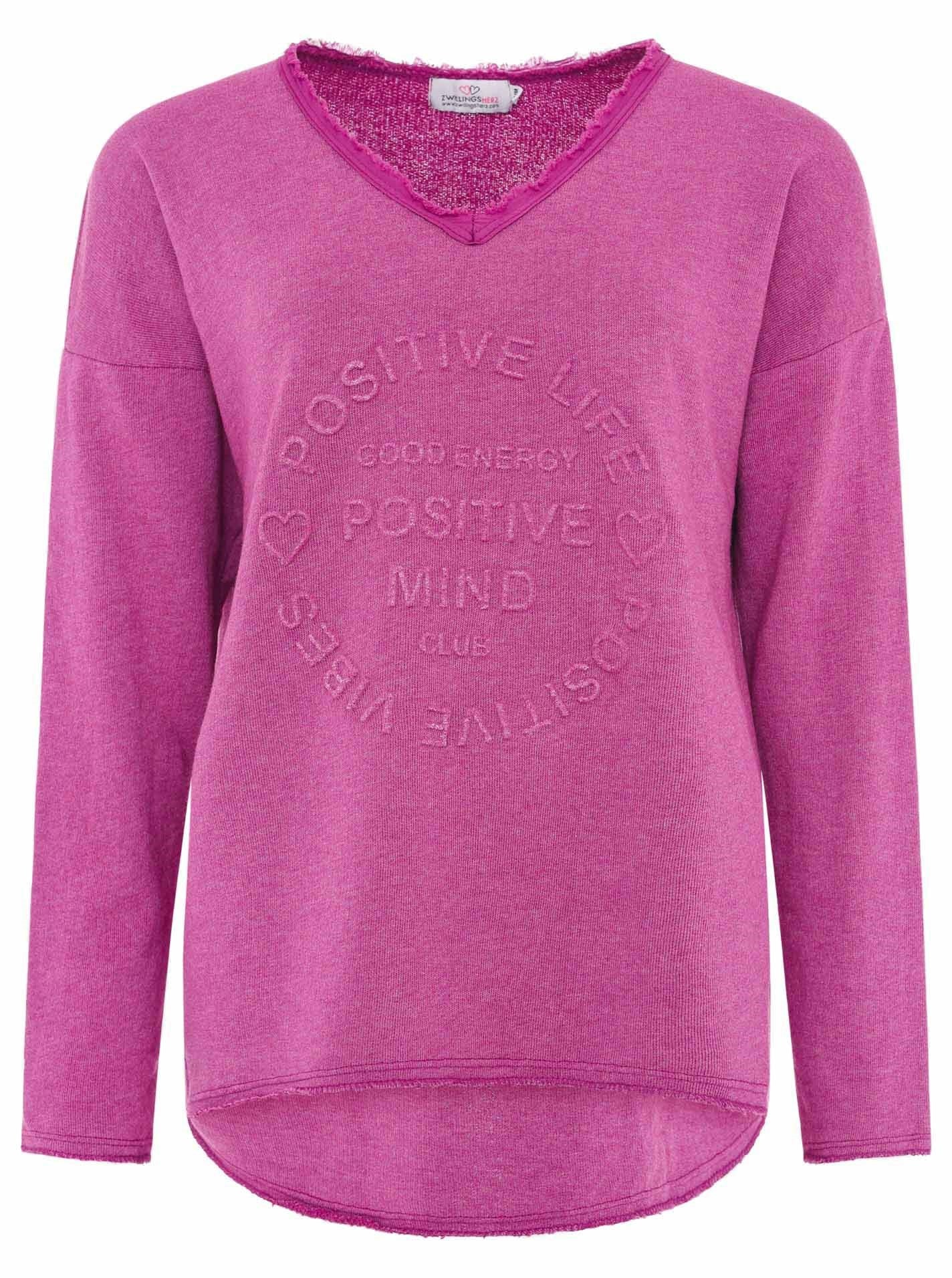 Zwillingsherz Sweatshirt »"Positive Mind"«, ausgefranster V-Ausschnitt, Used Look, Langarm, Schriftzug