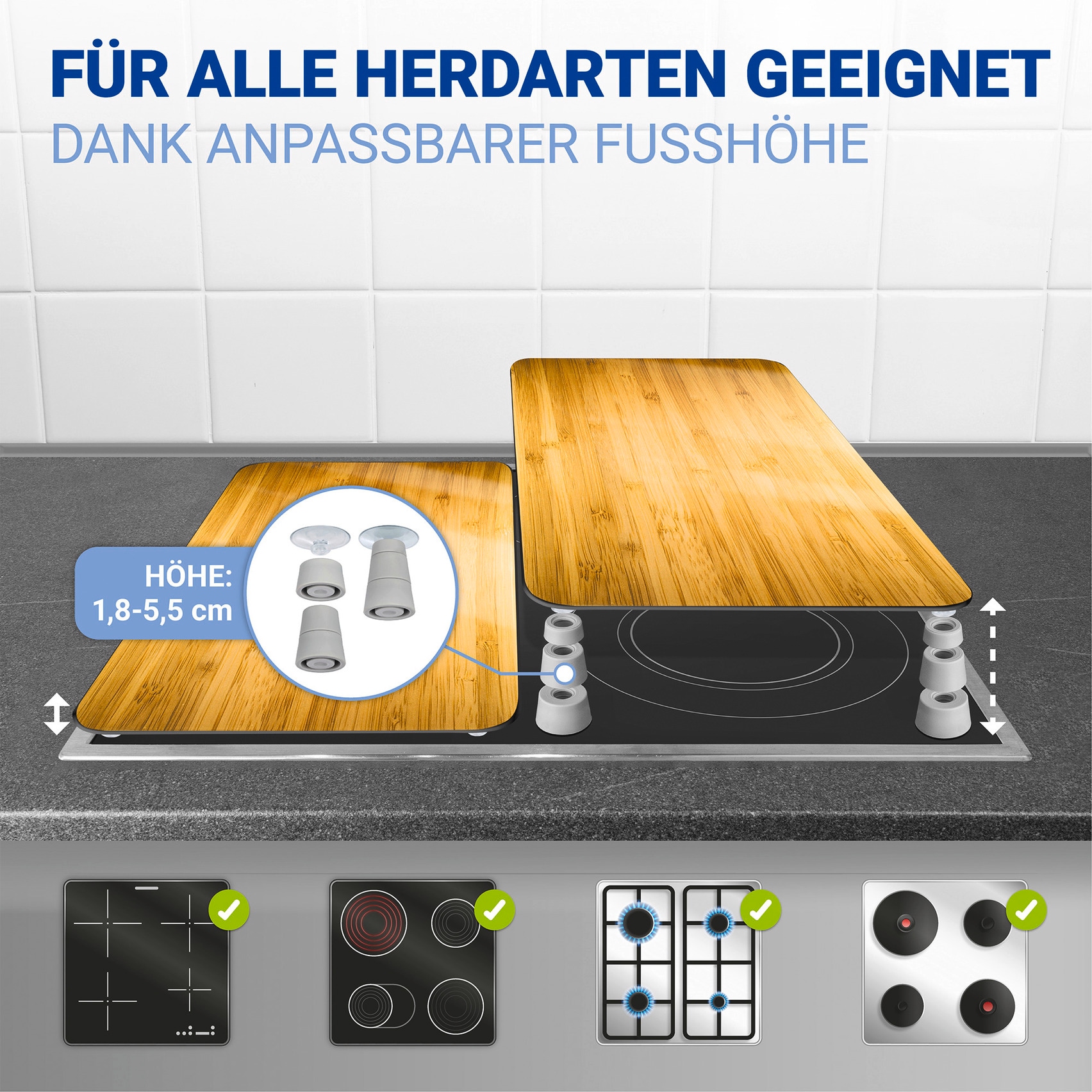 WENKO Herd-Abdeckplatte »Universal Modell Holz-Optik«, (Set, 2 tlg.), Herdabdeckung für alle Herdarten, kratzfest, mit rutschfesten Füssen