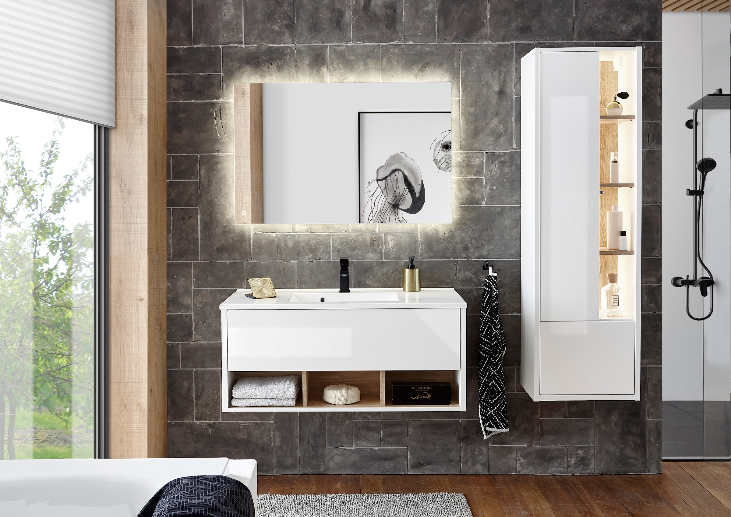 Places of Style Badmöbel-Set »Studio Line, Bad im modernen Design, 3-teiliges Badezimmer«, (3 St.), Schrank, Waschtisch und Spiegel, in zwei Farben verfügbar, Stauraum