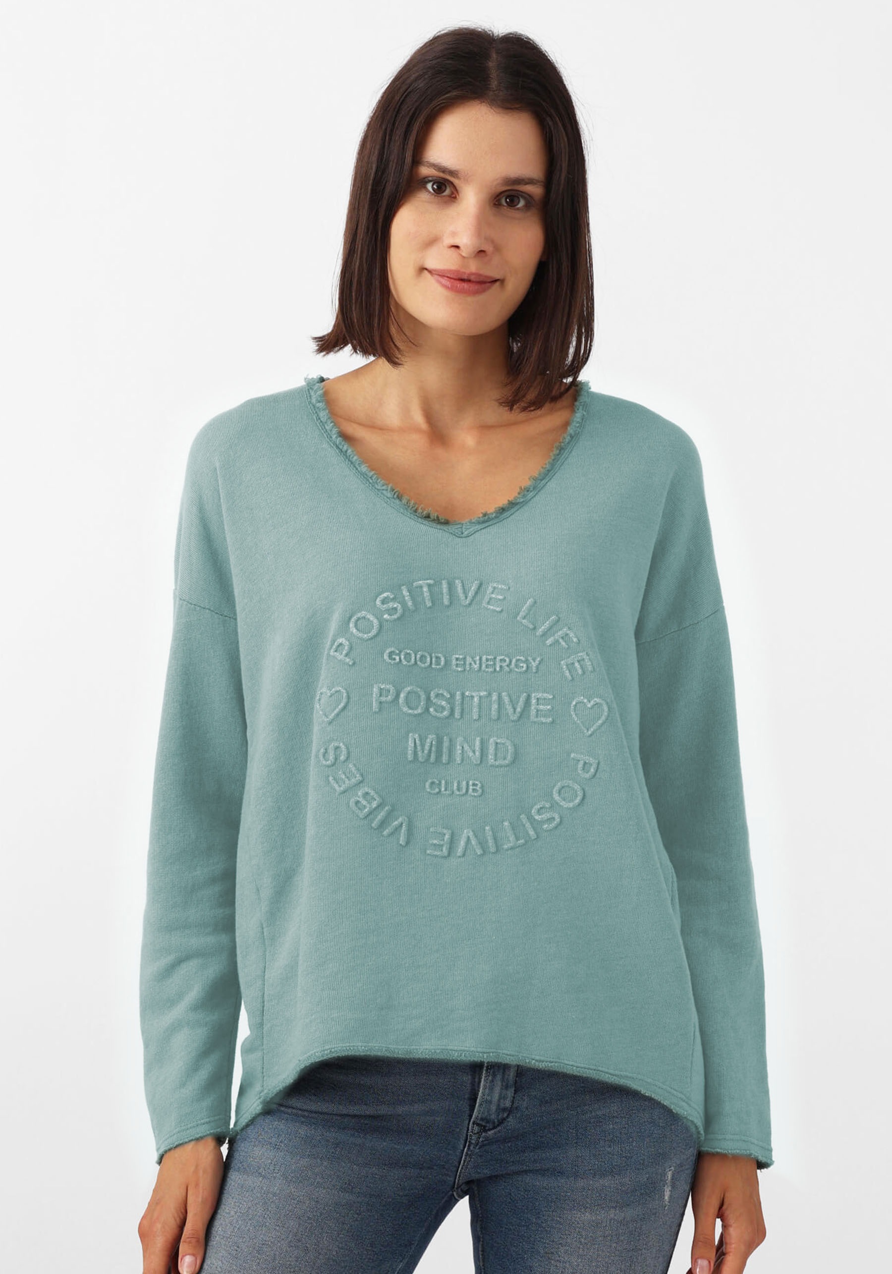 Zwillingsherz Sweatshirt »"Positive Mind"«, ausgefranster V-Ausschnitt, Used Look, Langarm, Schriftzug