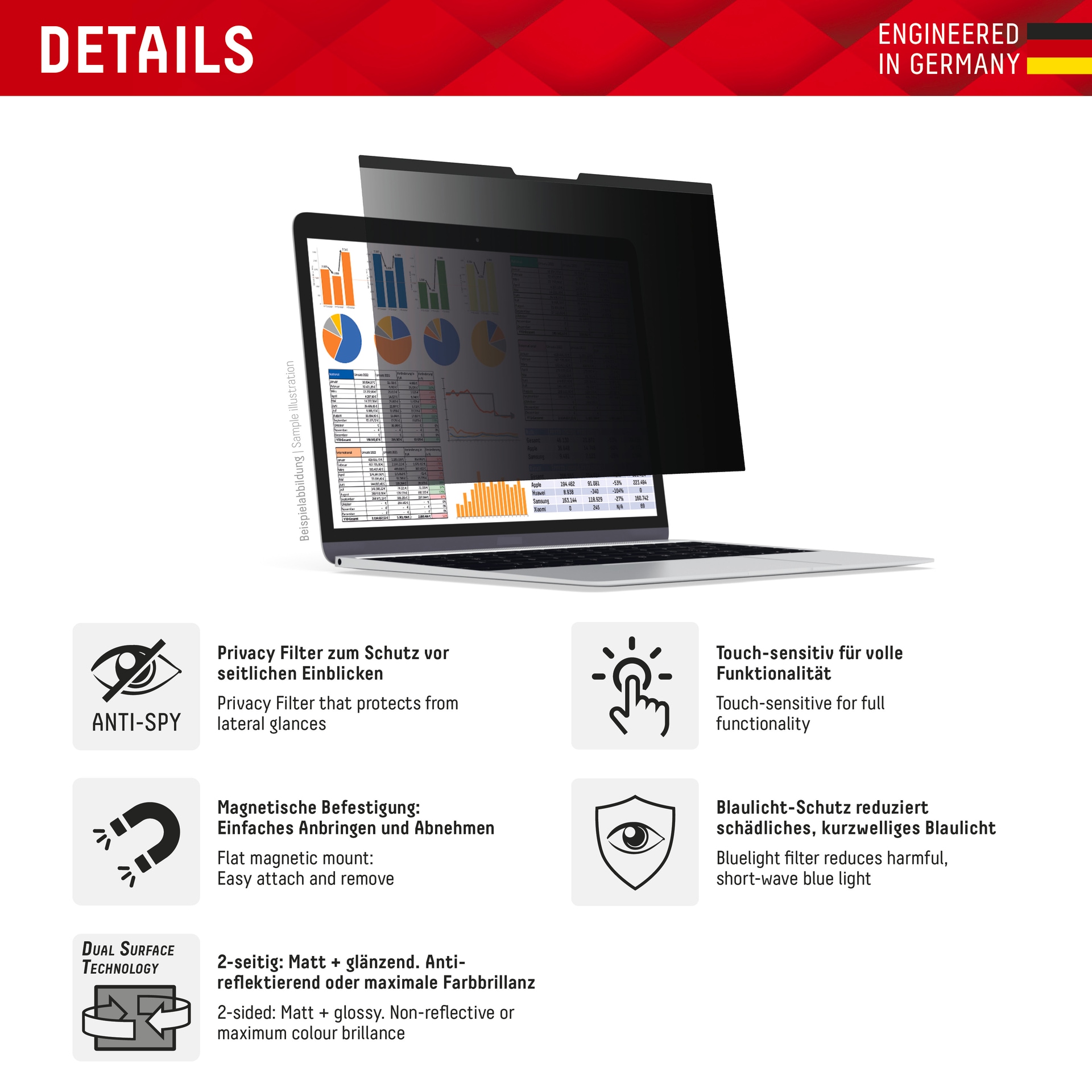 Displex Displayschutzfolie »Privacy Safe Universal (magnetisch) 14 Zoll 16:10«, Displayschutz, Schutzfolie, Bildschirmschutz, kratz- & stossfest