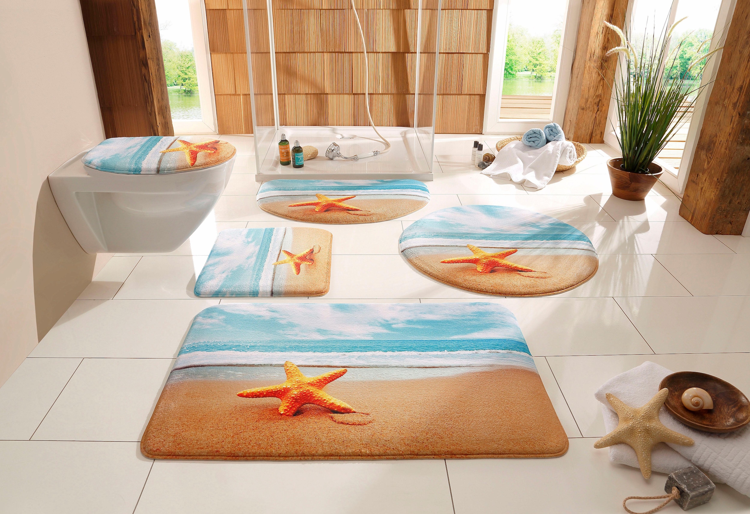 my home Badematte »Seestern«, rutschhemmend beschichtet-Memory Schaum, fussbodenheizungsgeeignet-schnell trocknend-strapazierfähig, Badteppich, Naturmotiv, Strand, Badematten auch als Set erhältlich