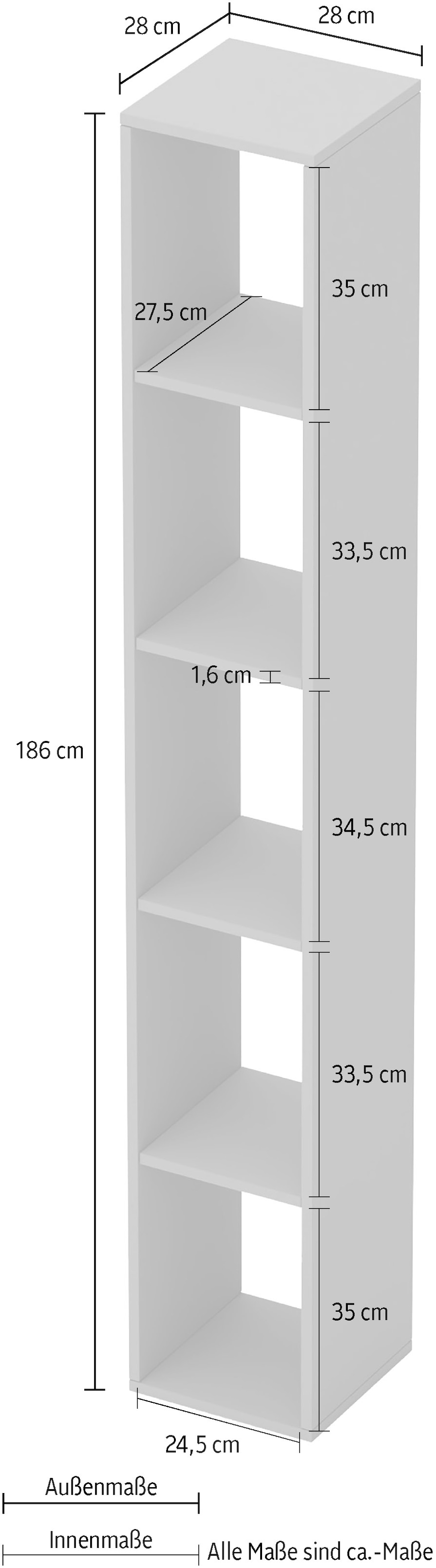 INOSIGN Standregal »Infinity Höhe 186 cm, Breite 28 cm, Bücherregal,«, Deko Regal, Büroregal, 5 Regalfächer, verschiedene Farben