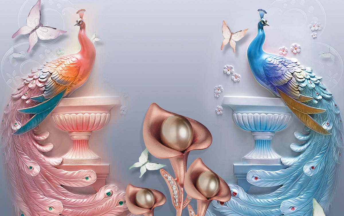 Papermoon Fototapete »Muster mit Blumen und Pfaun rot blau«