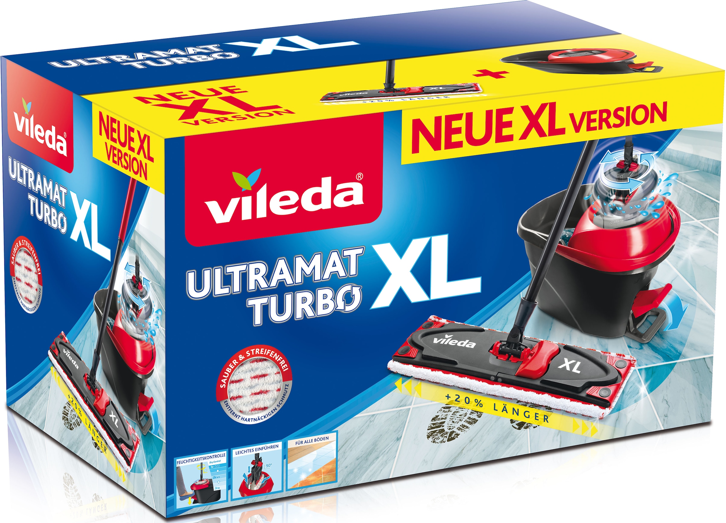 Vileda Bodenwischer-Set »Ultramax XL Turbo Box«, (Set, 3 St., Stiel, extragrosser Wischbezug, Powerschleuder und Fusspeda), ideal für grosse Flächen