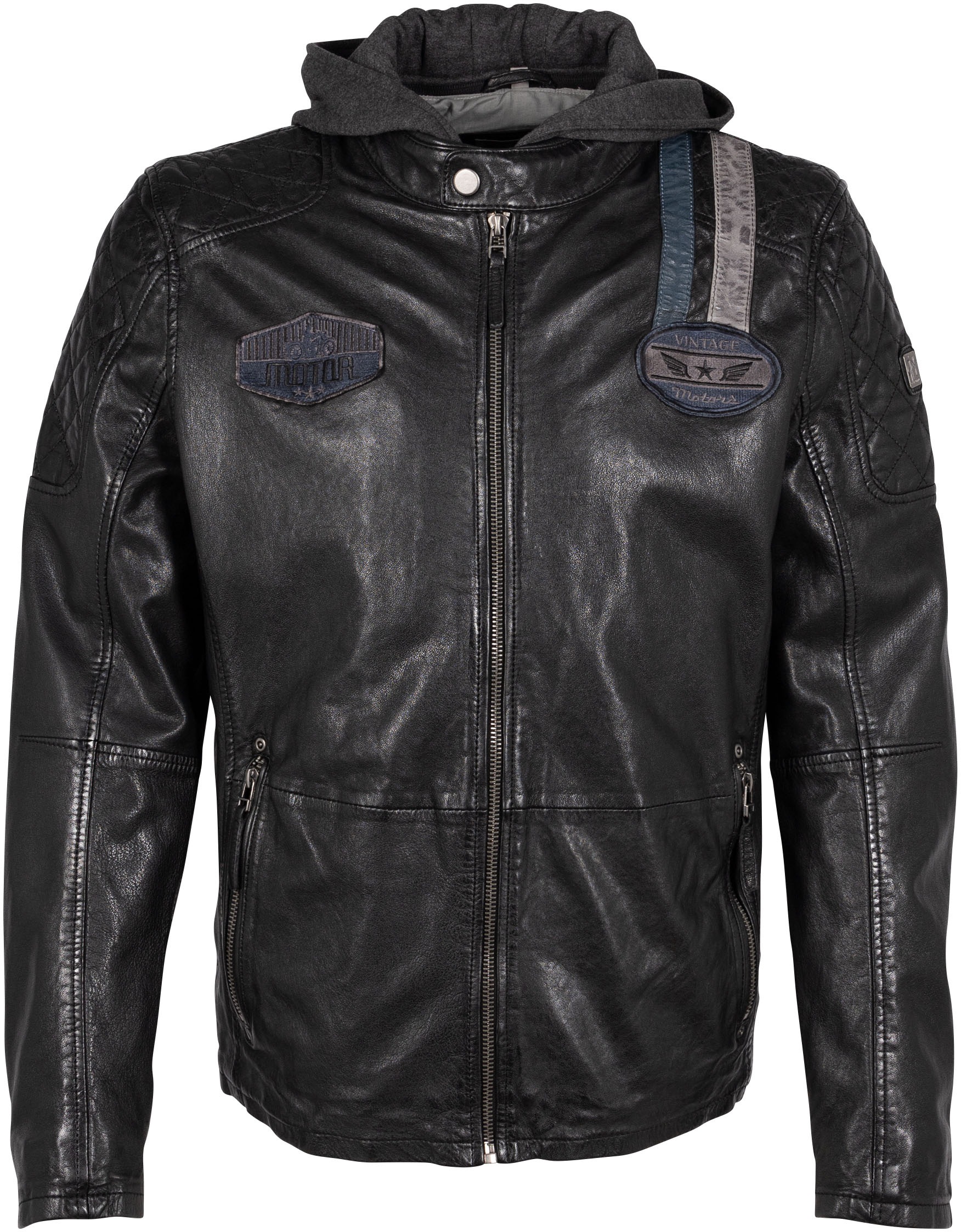 Mauritius Lederjacke »GMTinon«, mit Kapuze, im lässigen Bikerstyle, mit Badges, Reissverschluss